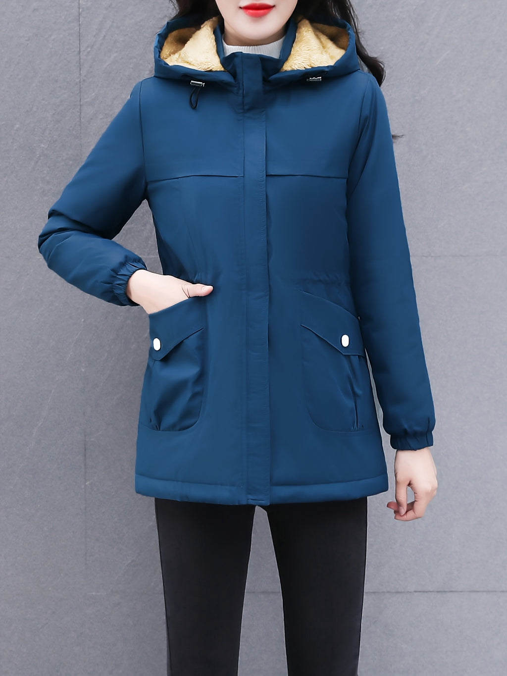 Women's Thick Winter Jacket with Collar - Warm Mid-Length Zippered Coat