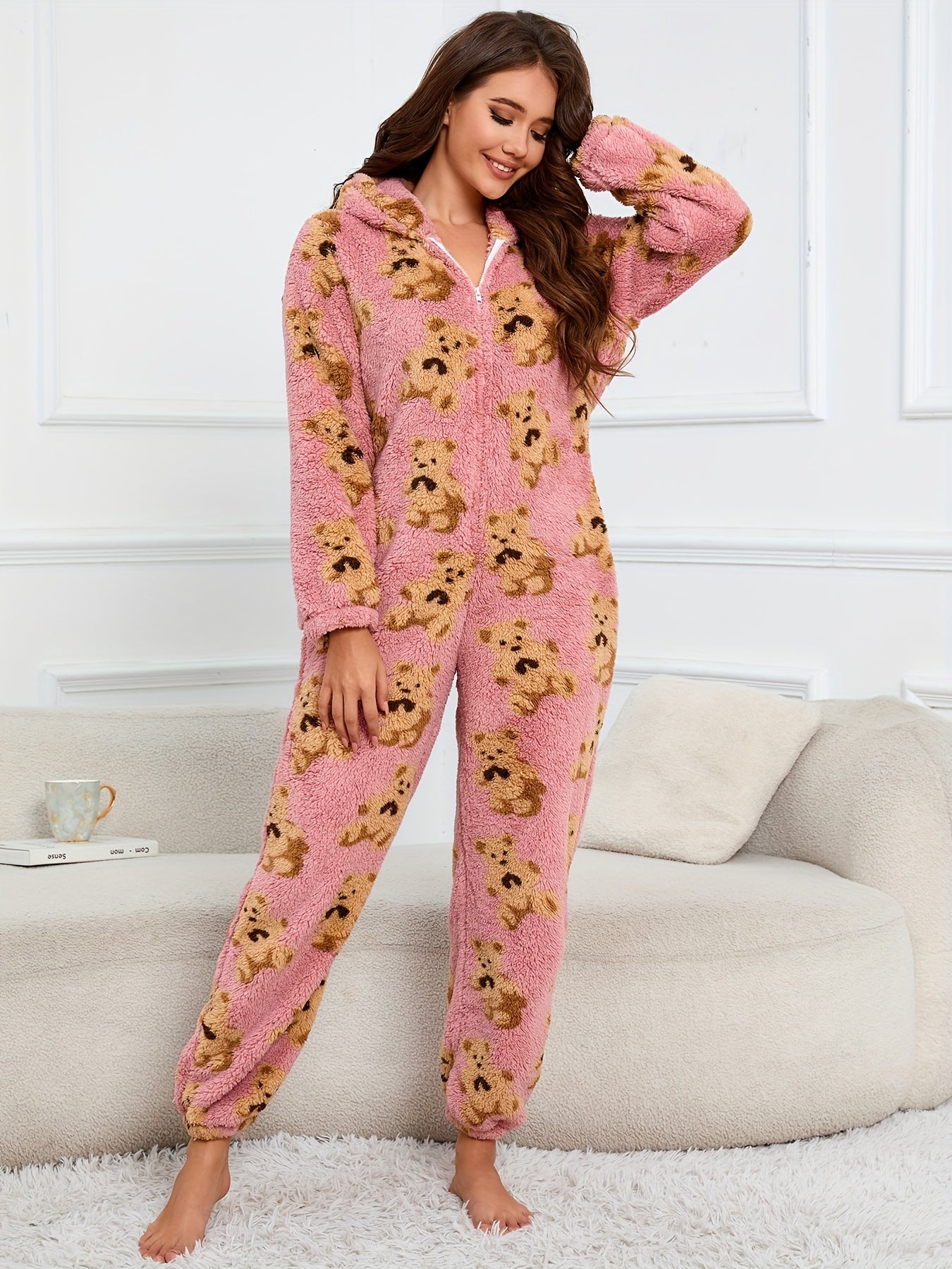 Bear Pattern Zip Up Hooded Fuzzy Jumpsuit, Elegant Long Sleeve Jumpsuit For Fall & Winter