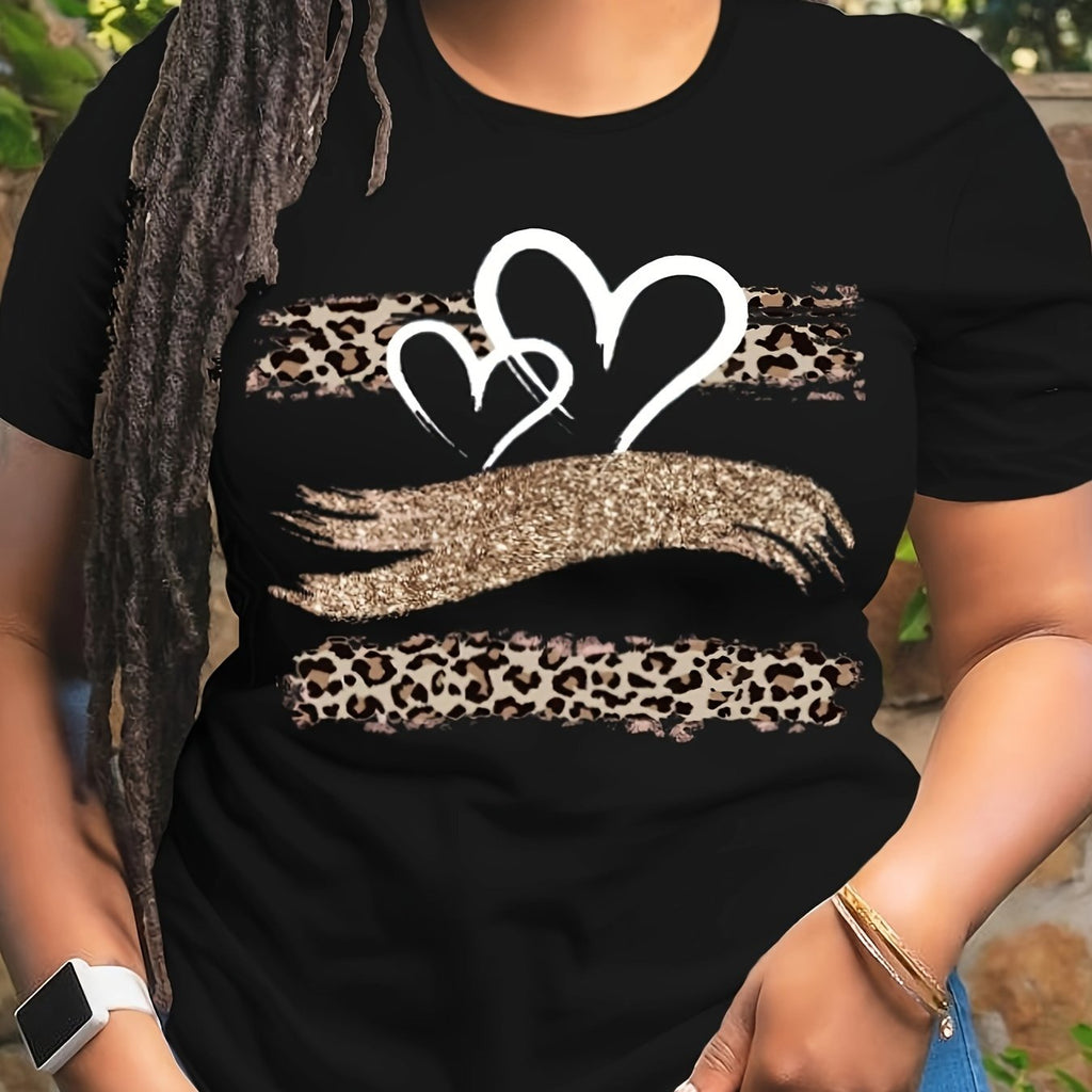 Casual Plus Size Heart Print T-Shirt for Women