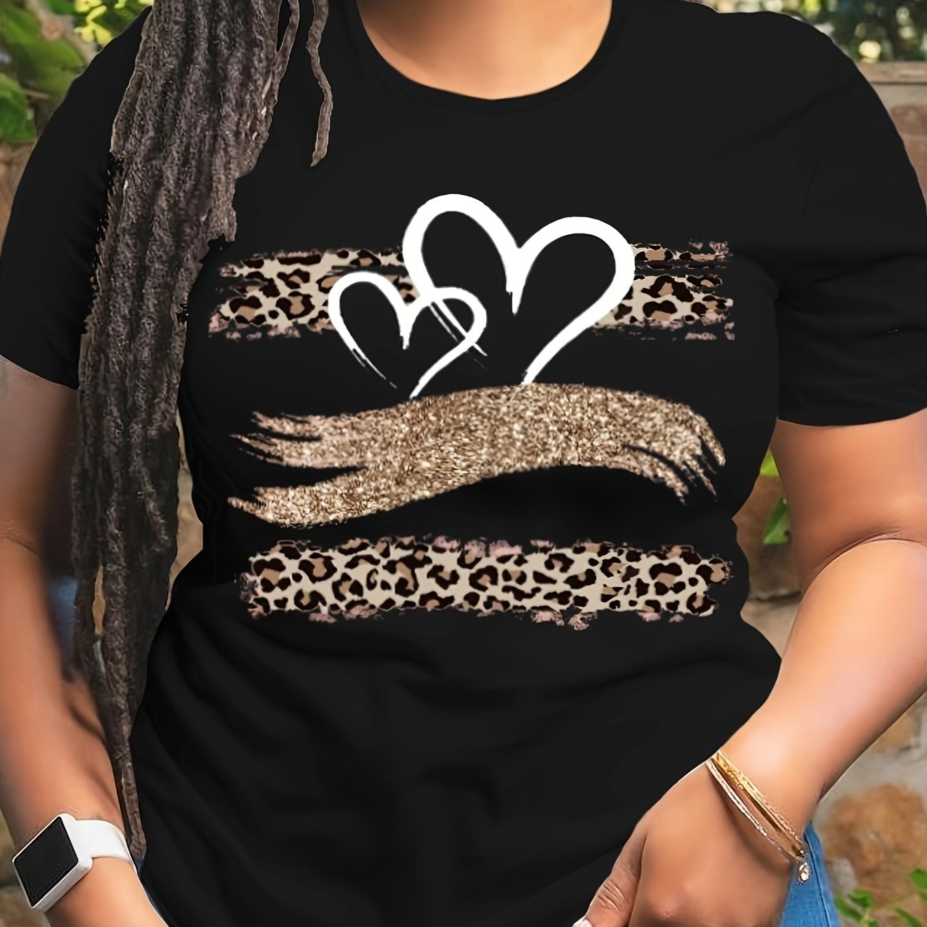 Casual Plus Size Heart Print T-Shirt for Women
