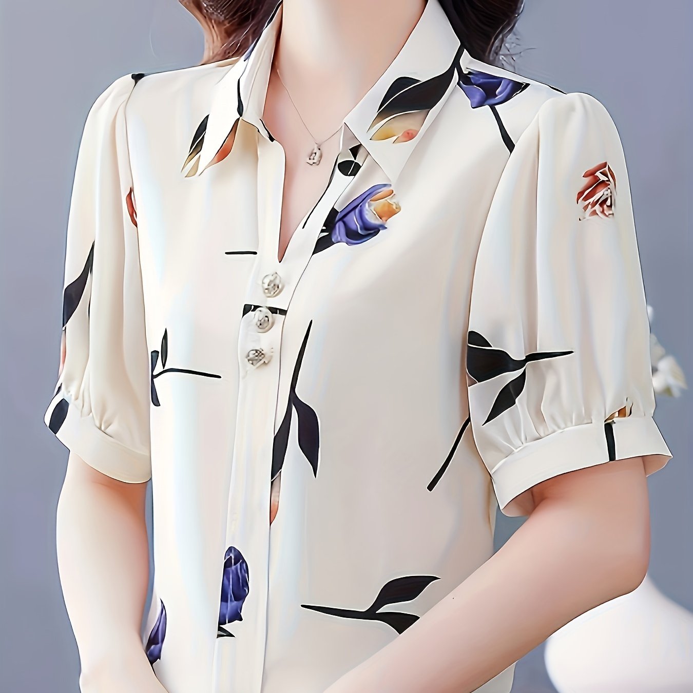 Floral Print V-Neck Short-Sleeved Women's Blouse