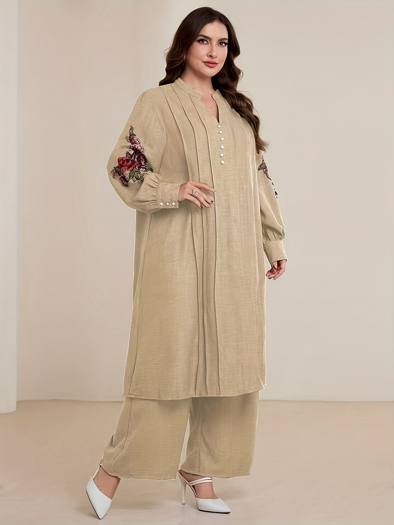 Plus Size Women's Elegant Embroidered V-Neck Long Sleeve Dress and Loose Pants Two-Piece Set