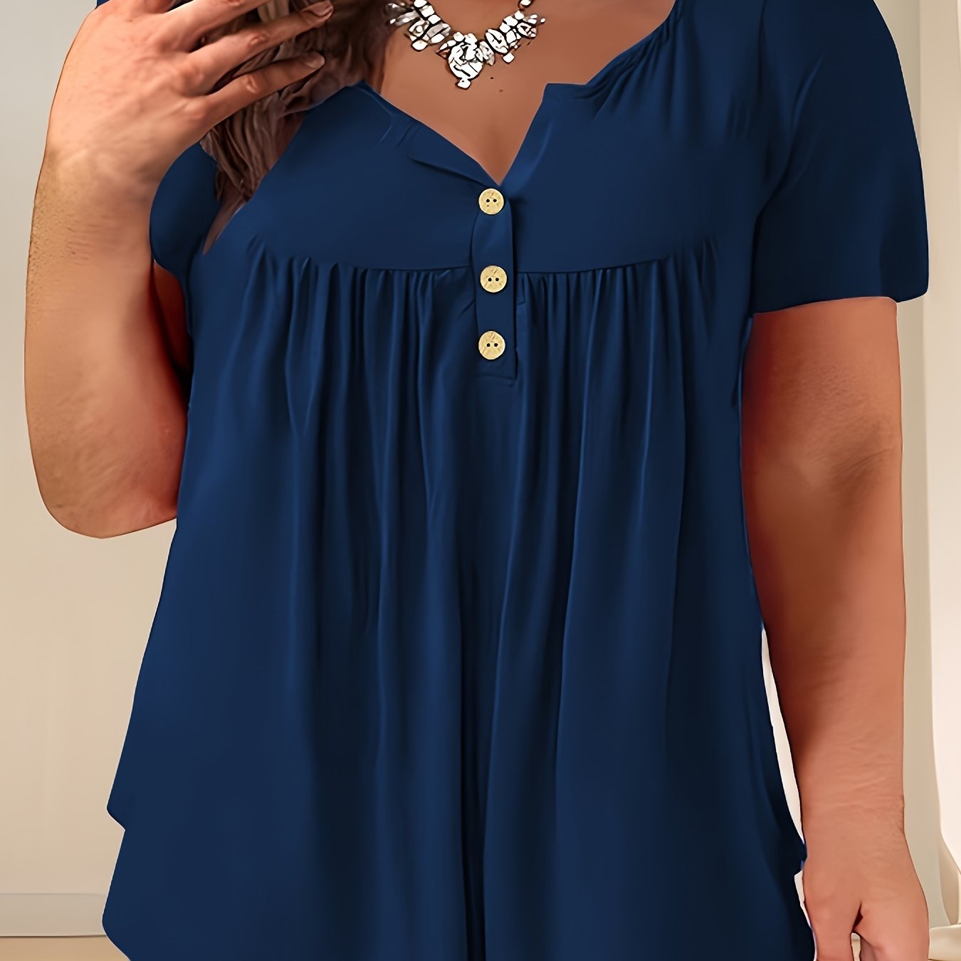 Women'S Plus Size Casual Buttoned Pleated T-Shirt, Summer Knit Fabric Top, Crew Neck, Solid Color, Slight Stretch, Oversized Pullovers,