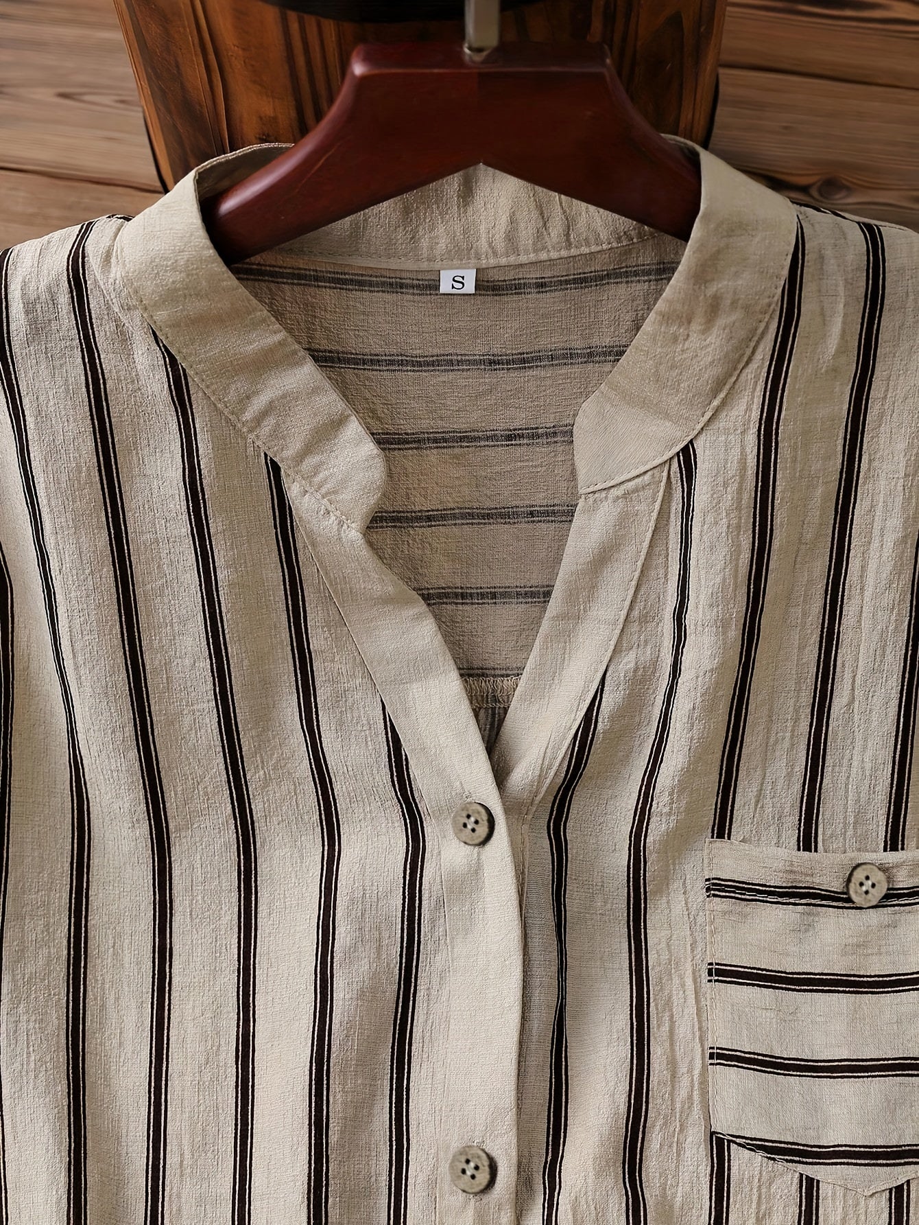 Women's Casual Business V-Neck Button-Up Shirt - Short Sleeve Striped Blouse with Chest Pocket