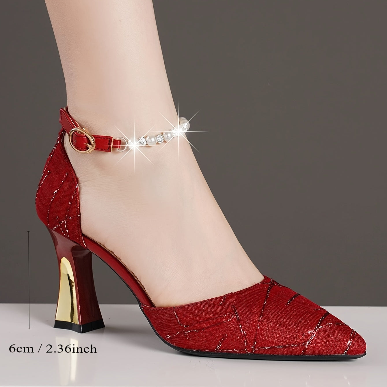 Red Pearl Strap Diamond Buckle Women's Elegant Dress Sandals