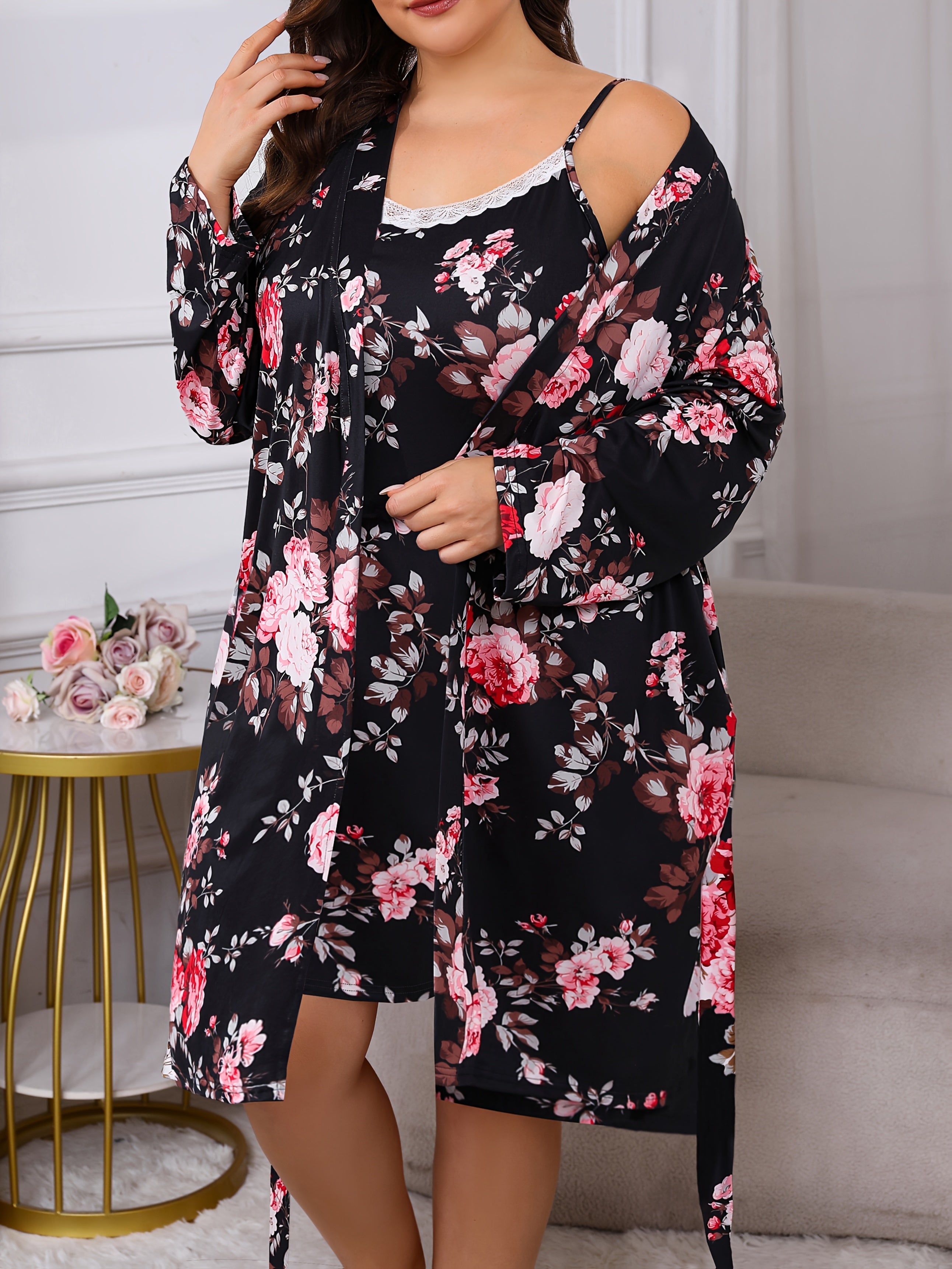 Plus Size Floral Print Sexy Lace Trim Camisole Nightgown with a Matching Tie Robe, a Two-Piece Sleepwear Set.