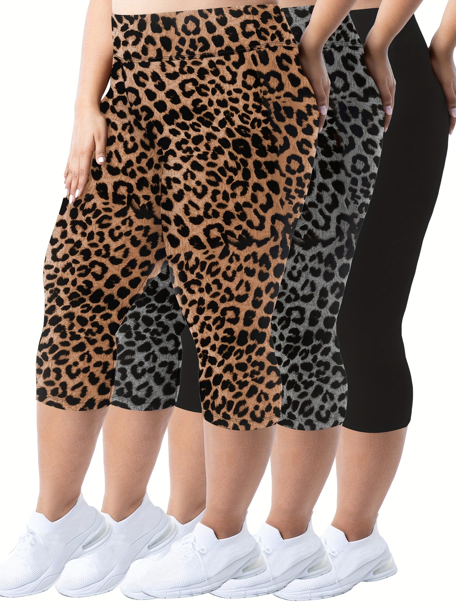 Plus Size - 3pcs High-Waist Capri Leggings for Women