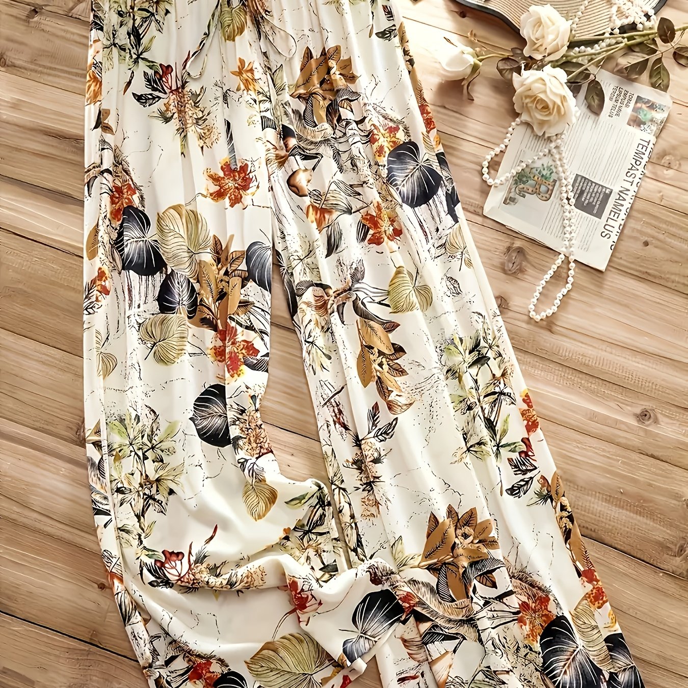 Women's Tropical Floral Print Elastic Waist Straight-Leg Pants
