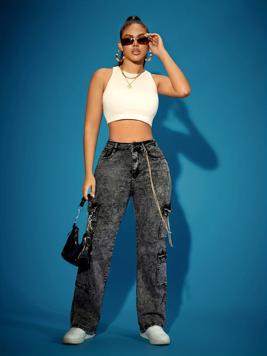 High-Waist Stretch Denim Cargo Pants for Women