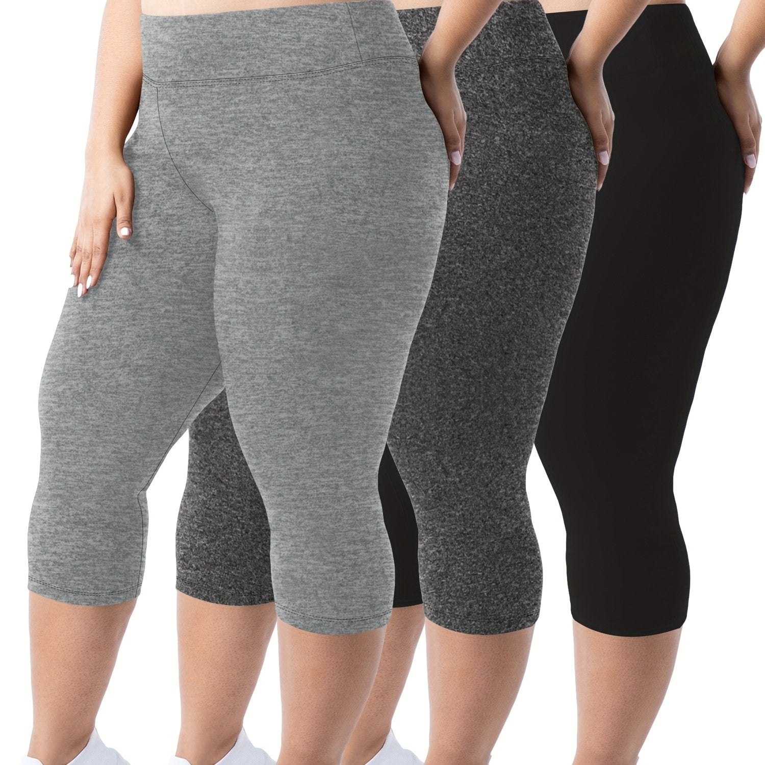 Plus Size - 3pcs High-Waist Capri Leggings for Women