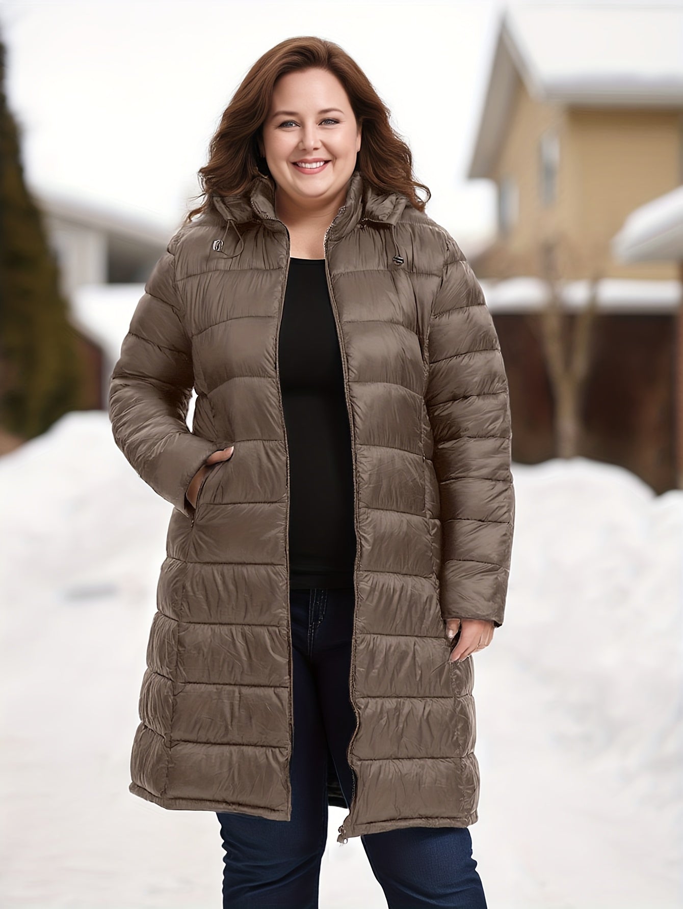 Plus Size Women's Elegant Burgundy Winter Coat with Hood - Long Jacket, Zippered Pockets & Detachable