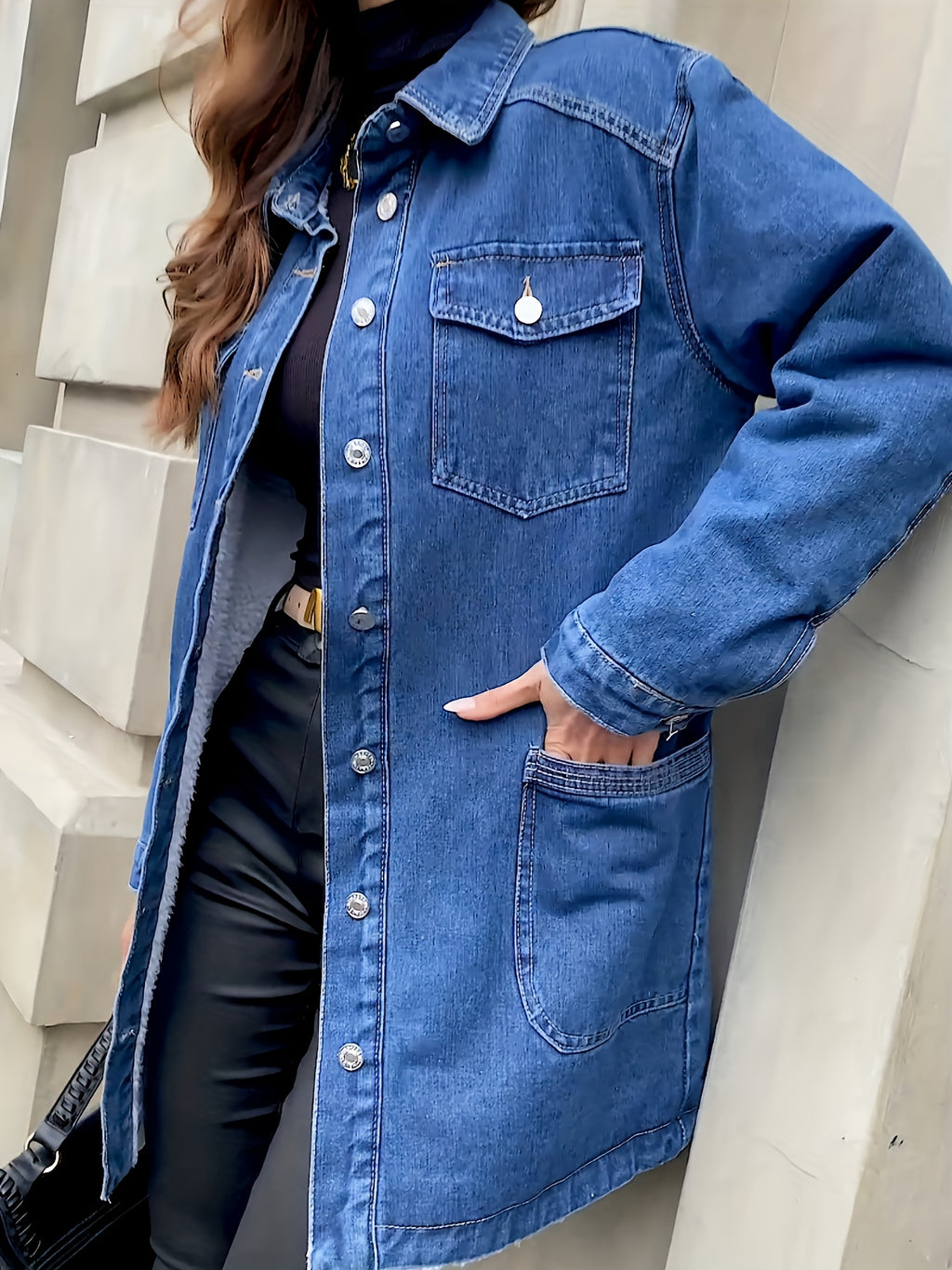 Morin's Elegant Heavy-Duty Mid-Length Denim Jacket with Golden-Tone Hardware & Multiple Chest Pockets