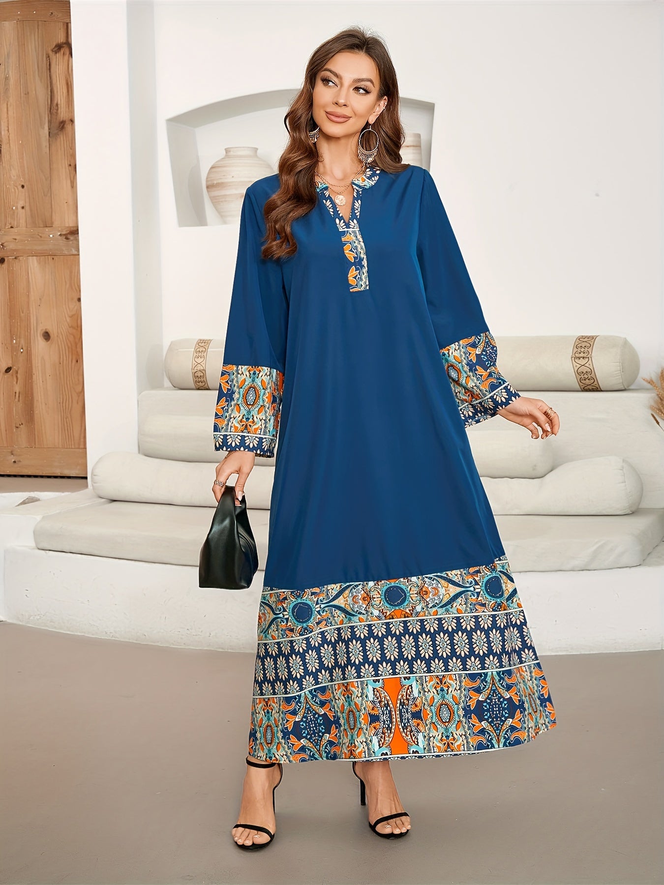 Elegant Notched Neck, Long Sleeve, Loose Fit