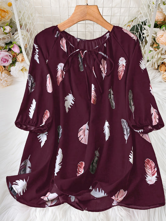 Elegant Notched Collar Shirting Blouse with Print, Non-Stretch