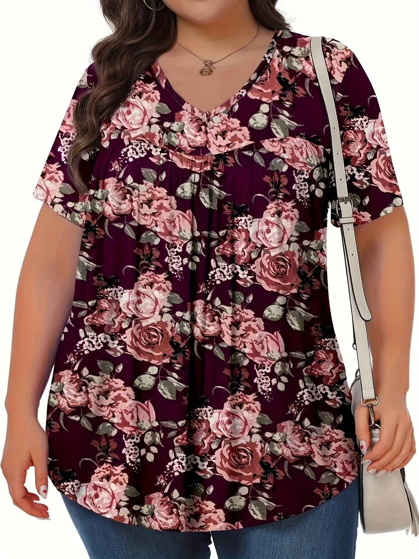 Women's Plus Size V-Neck Blouse - Middle Eastern-Inspired Floral Print Digital, Stretchy Machine-Washable Fabric, All-Season Casual & Formal