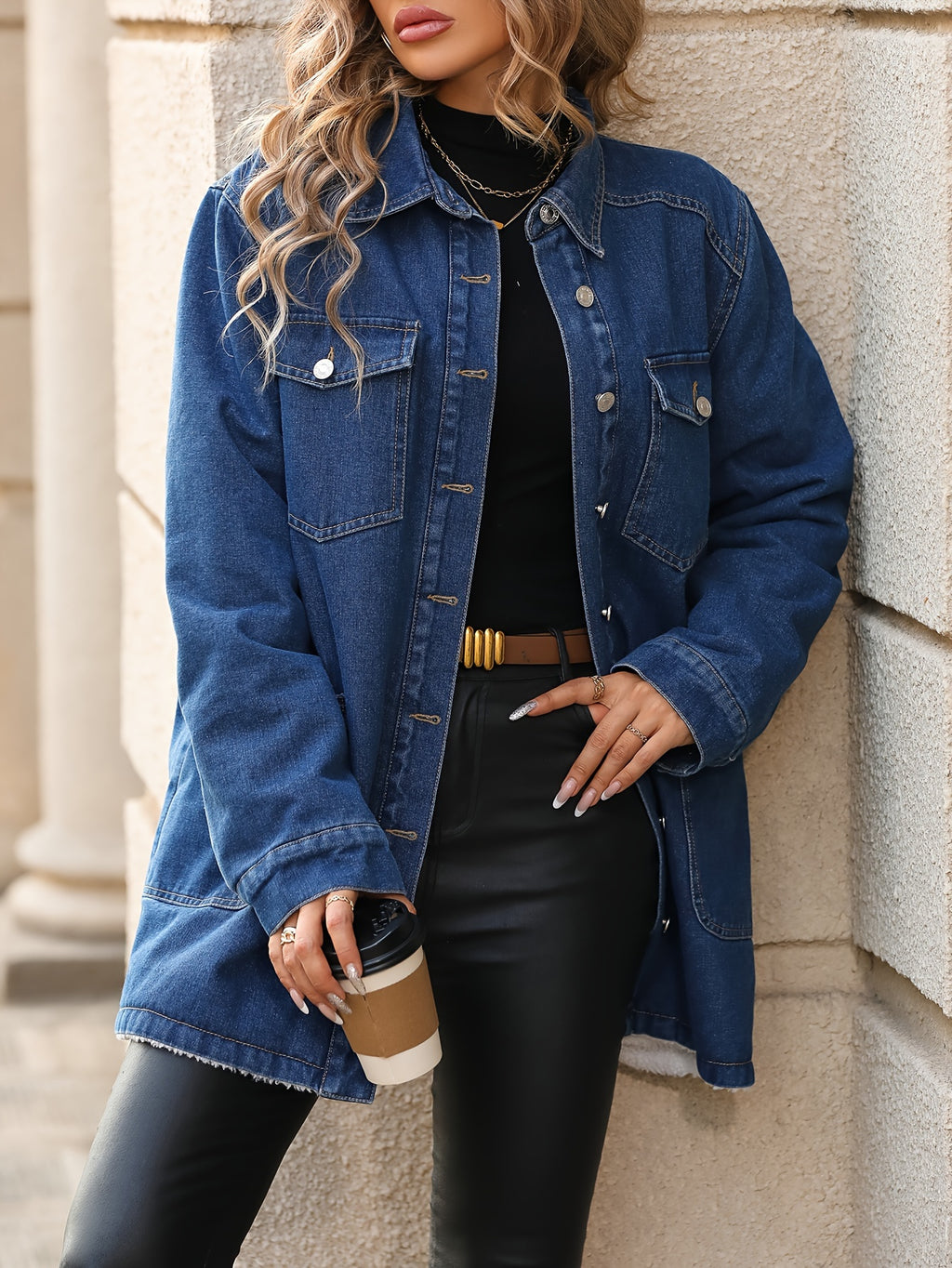 Women's Elegant Mid-Length Fleece-Lined Denim Jacket, 85% 15% Polyester, Solid Color