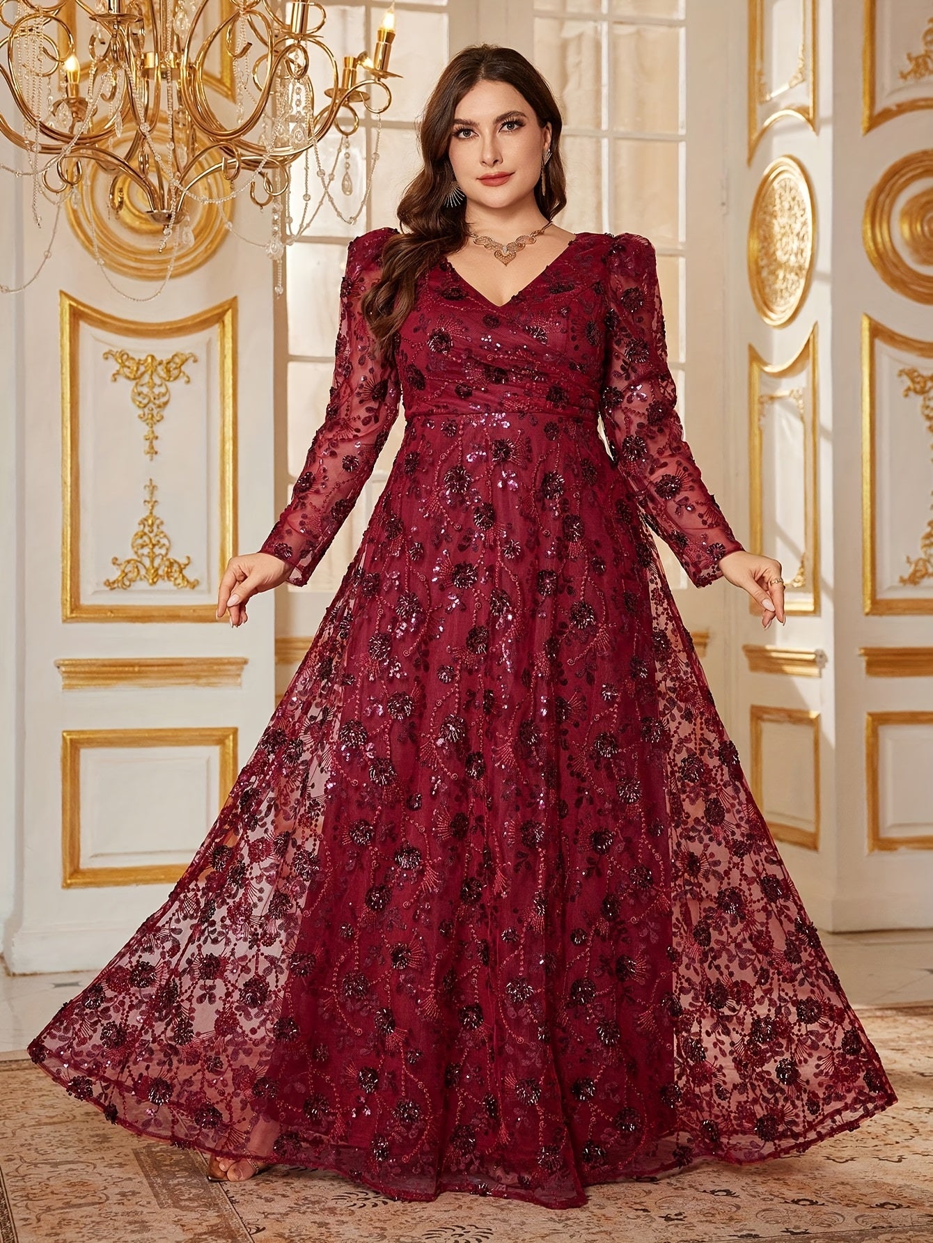 Plus Size, Elegant V-Neck Sequin Embellished Mermaid Evening Gown with Long Lampshade Sleeves