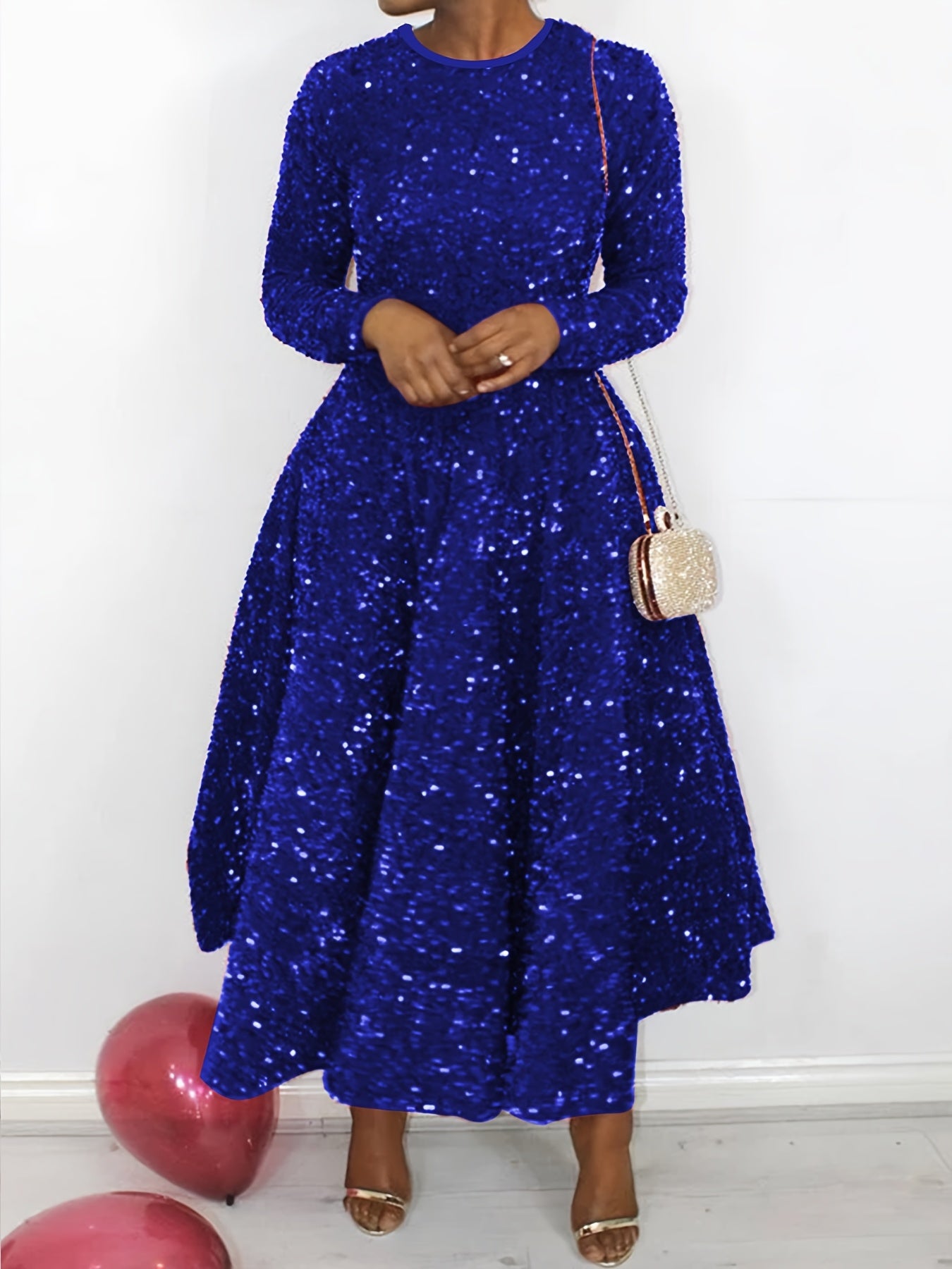 Women's Red Long Dress with a Round Neck, Perfect for Christmas Parties And New Year Celebrations