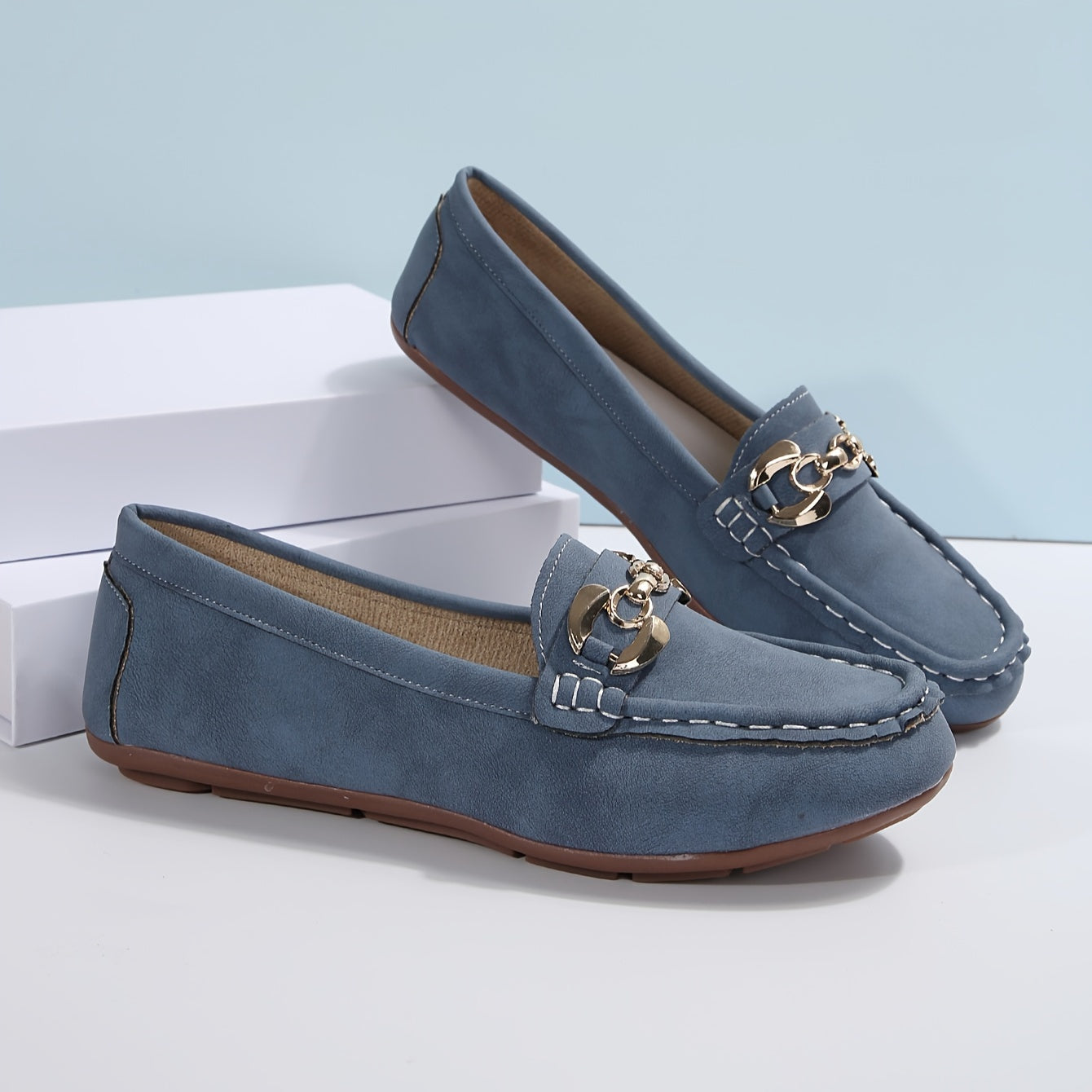 Women's Slip-On Soft Sole Casual Flats with Decorative Chain & Metallic Accents - PU Cover Upper, Breathable Fabric Lining, Rubber Sole - All-