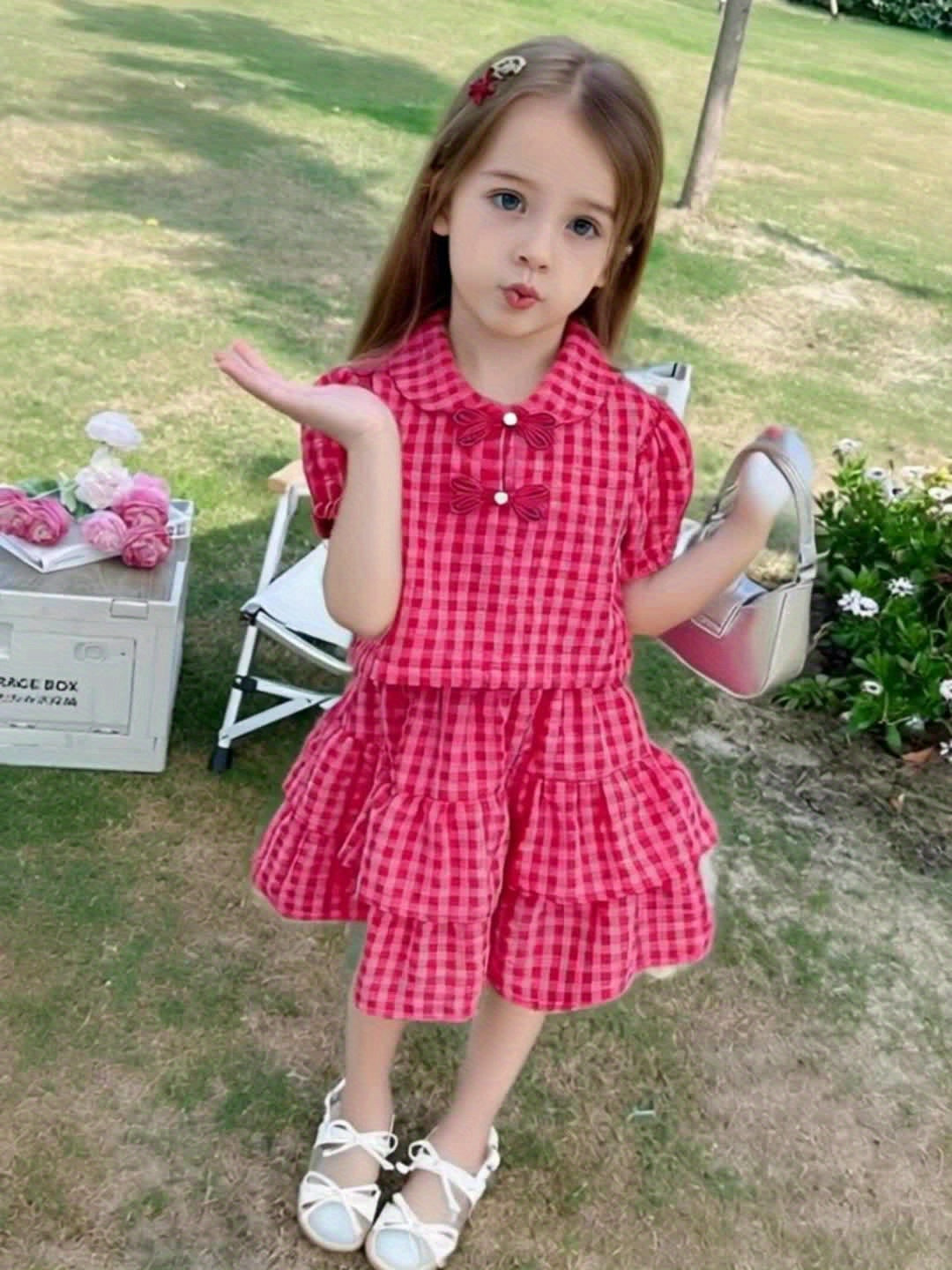 2pcs Korean Style Red Grid Half Sleeve Skirt Set for Youngsters Girls