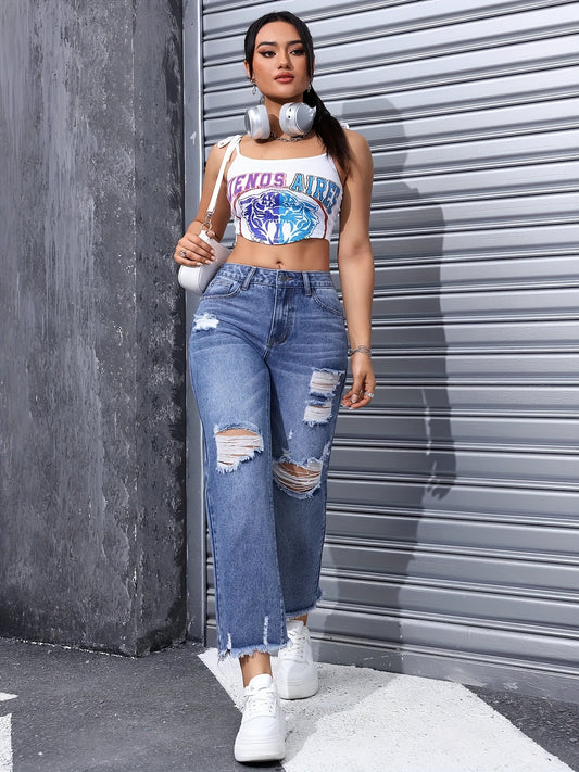 Ripped Straight Leg Stylish Jeans