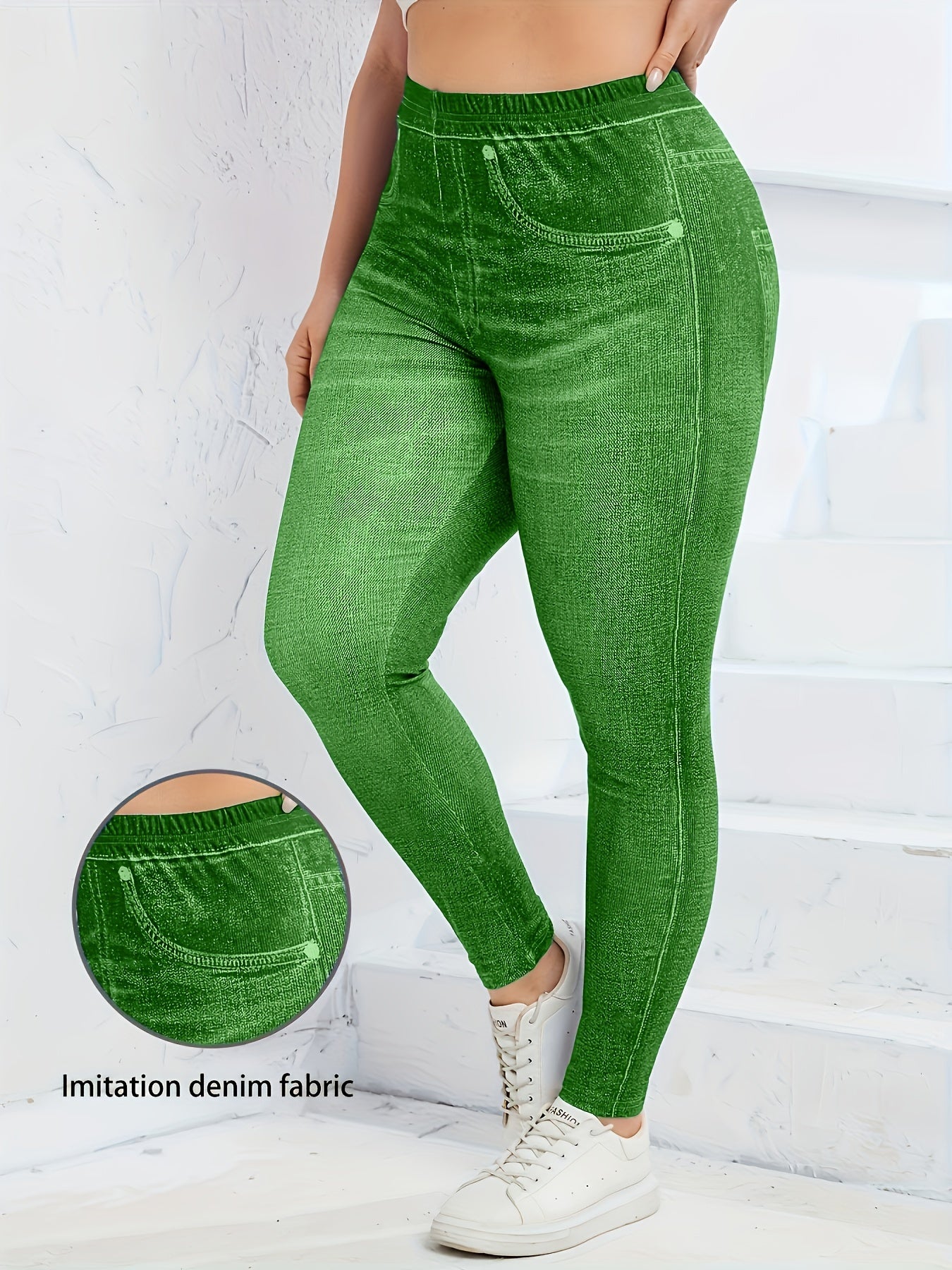 Plus Size Faux Denim Leggings - Ultra-Comfy High Waist Stretchy Design