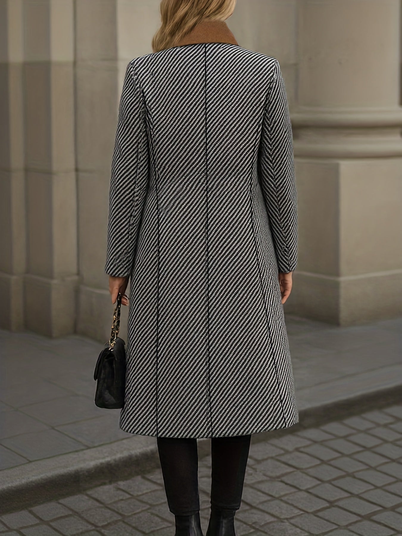 Women's Elegant Houndstooth Check Coat - Long Formal & Everyday Outerwear, Structured H-Silhouette