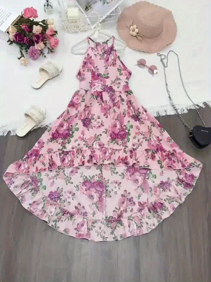 Sleeveless Off-Shoulder Elegant Floral Print Midi Dress for Teen Girls