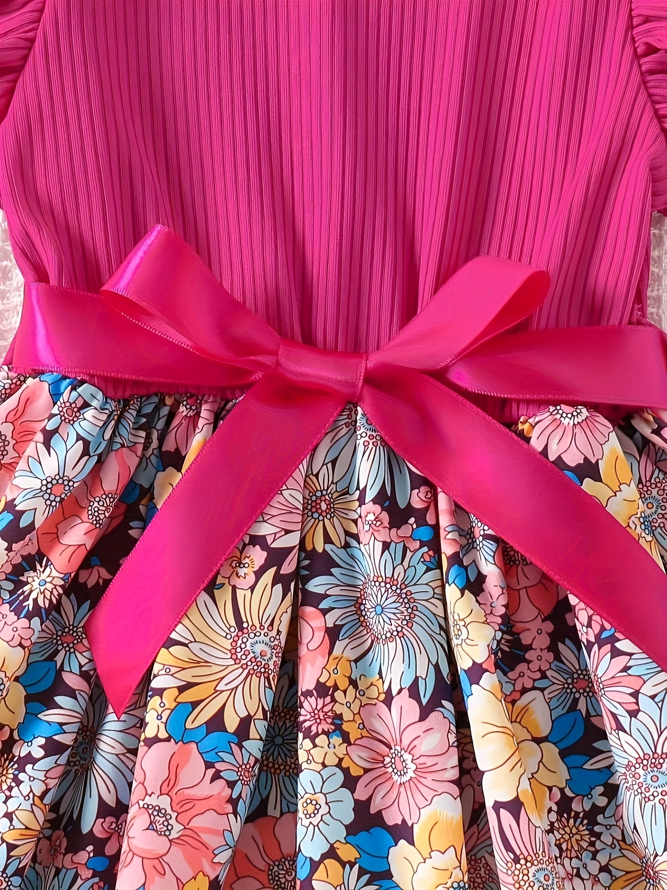 Girls' Floral Print Ruffled Sleeve Dress with Ribbon Belt