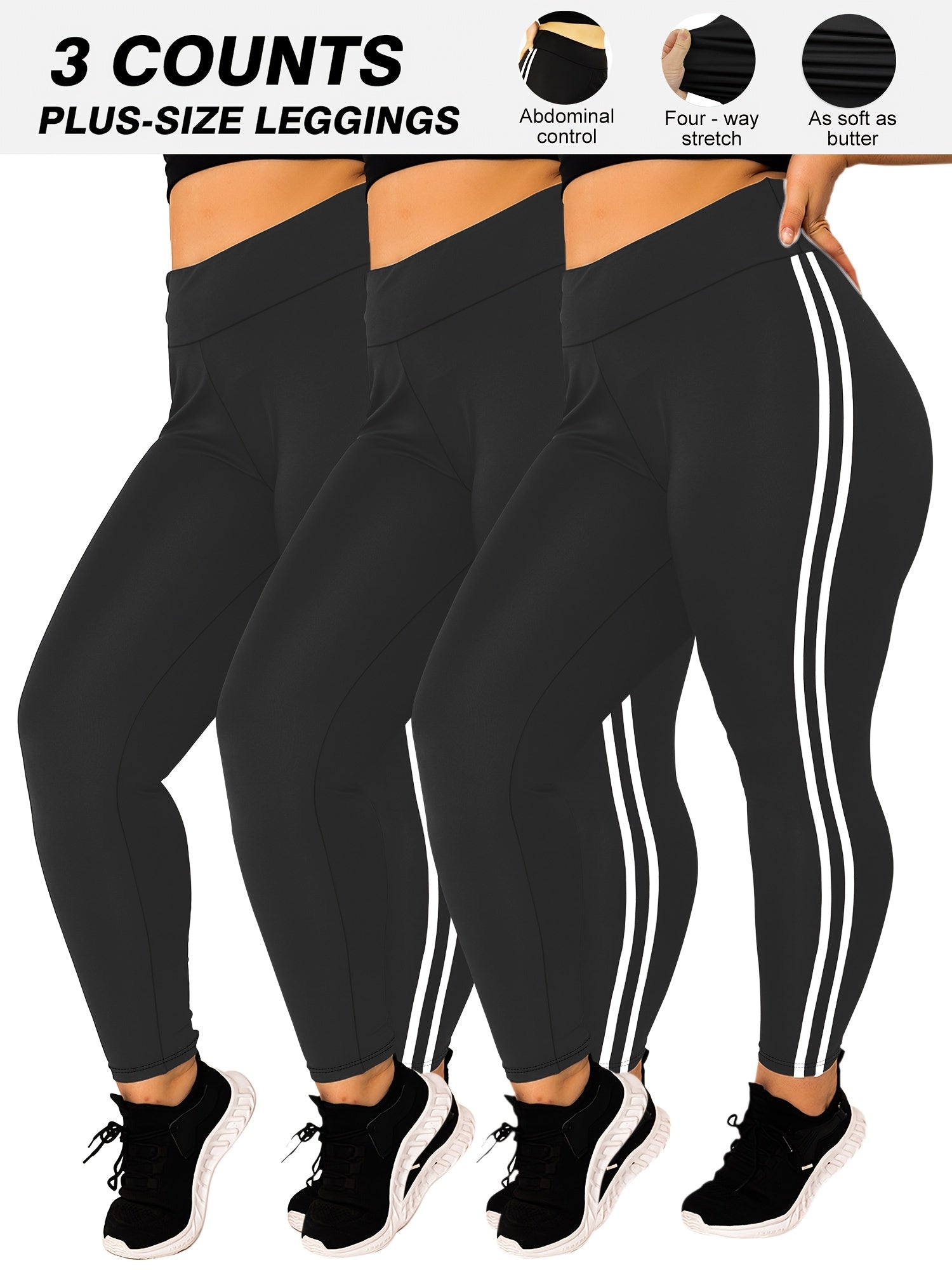 3-Pack Plus Size High-Waisted Tight-Fit Leggings