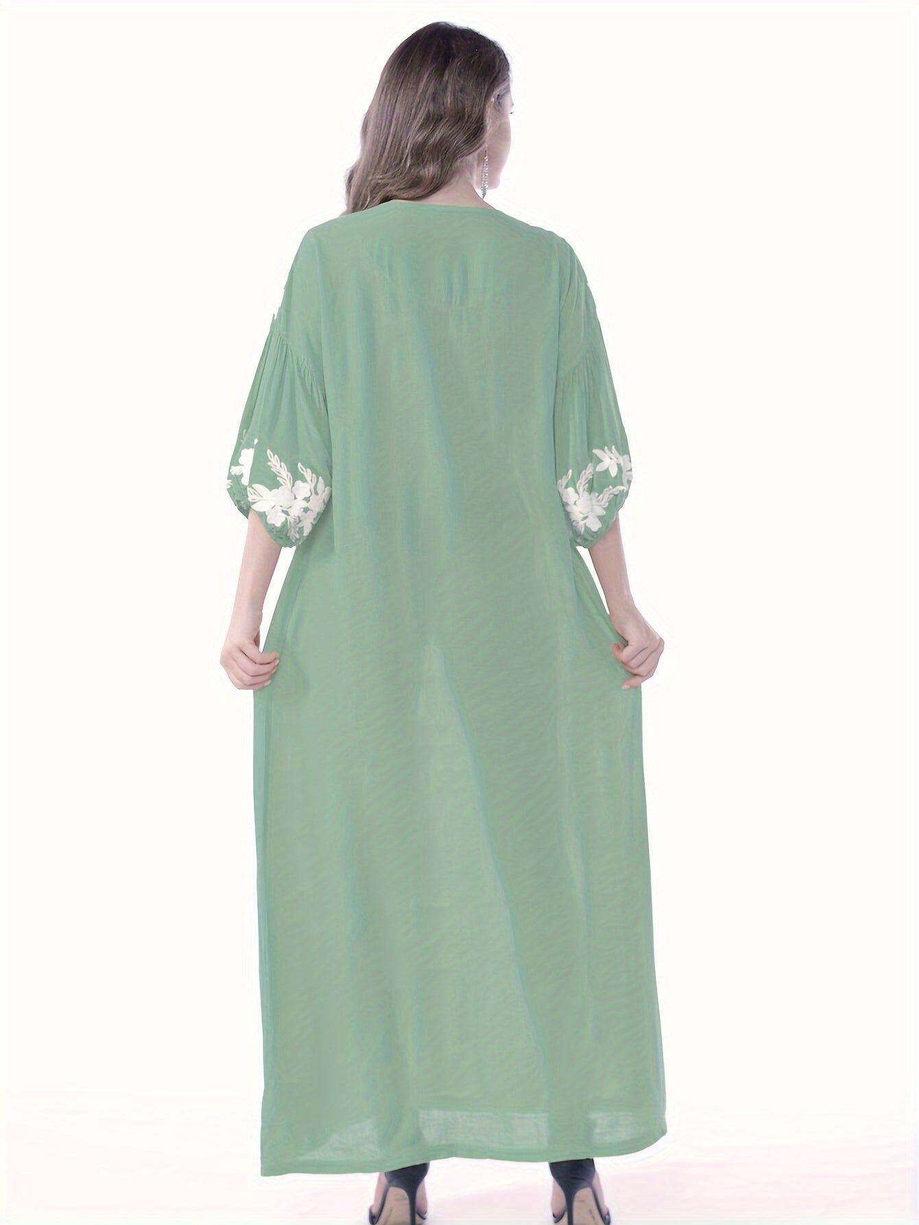 Women's White Floral Embroidery - Loose Fit, V-Neck, Half Sleeve, Non-Stretch Fabric