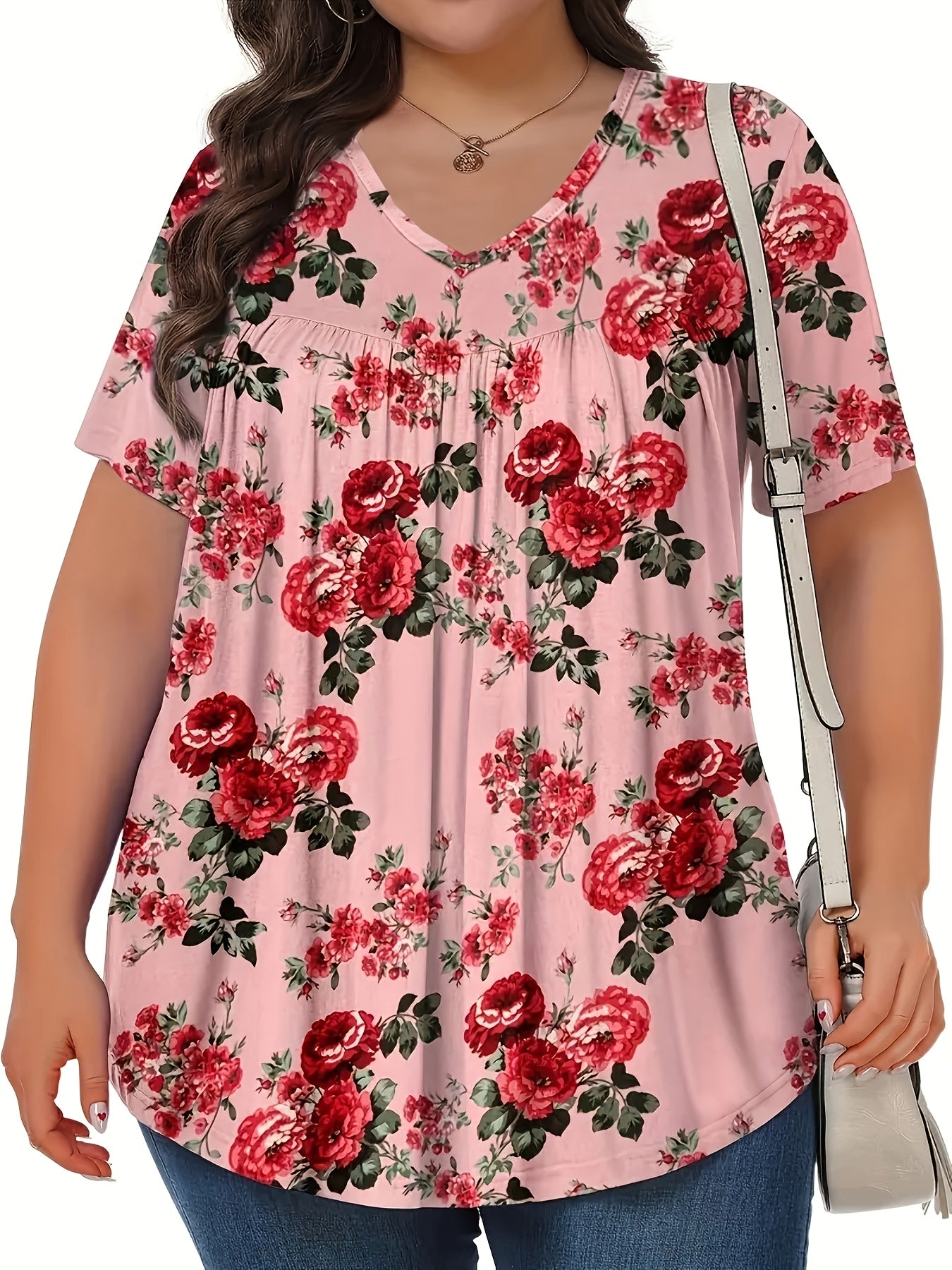 Women's Plus Size V-Neck Blouse - Middle Eastern-Inspired Floral Print Digital, Stretchy Machine-Washable Fabric, All-Season Casual & Formal