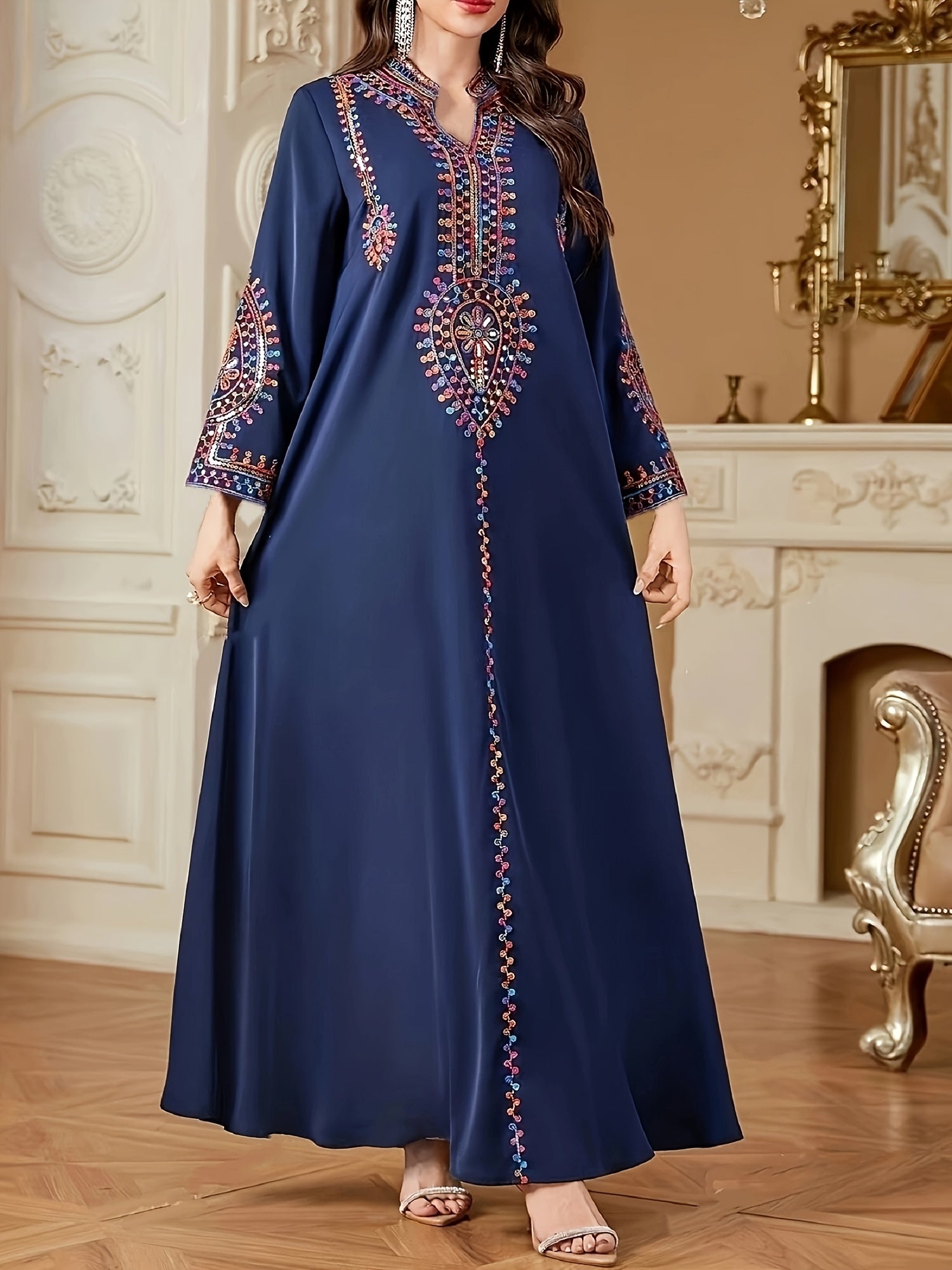 Elegant Middle Eastern-Style Long Dress with Intricate Designs