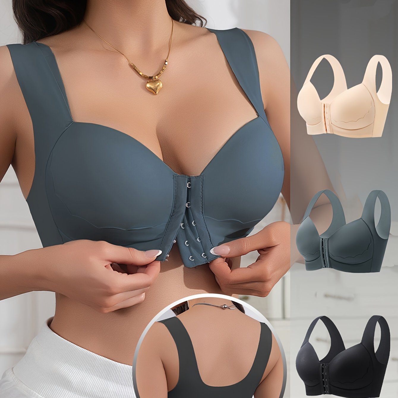 3pcs Women's Solid Color Contrast Front Snap Push-Up Bras