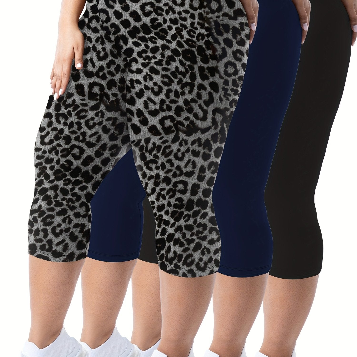 Plus Size - 3pcs High-Waist Capri Leggings for Women