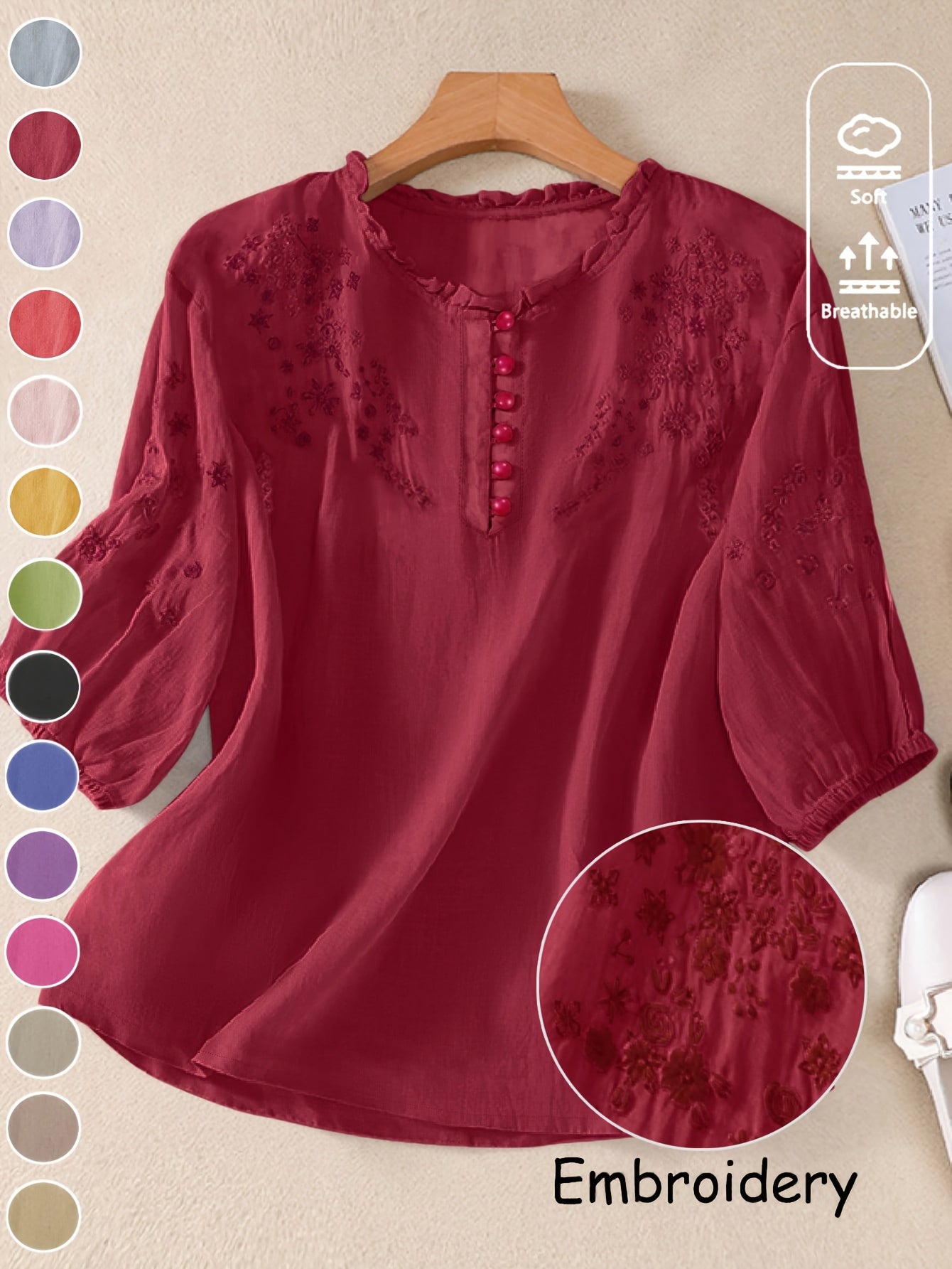 Women's Spring/Summer Embroidered Loose Fit Retro Mid-Sleeve Blouse
