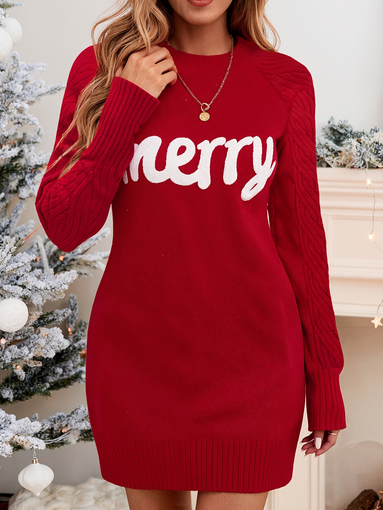 Women's Elegant Red "Merry" Letter Embroidered Sweater Dress Christmas New Year