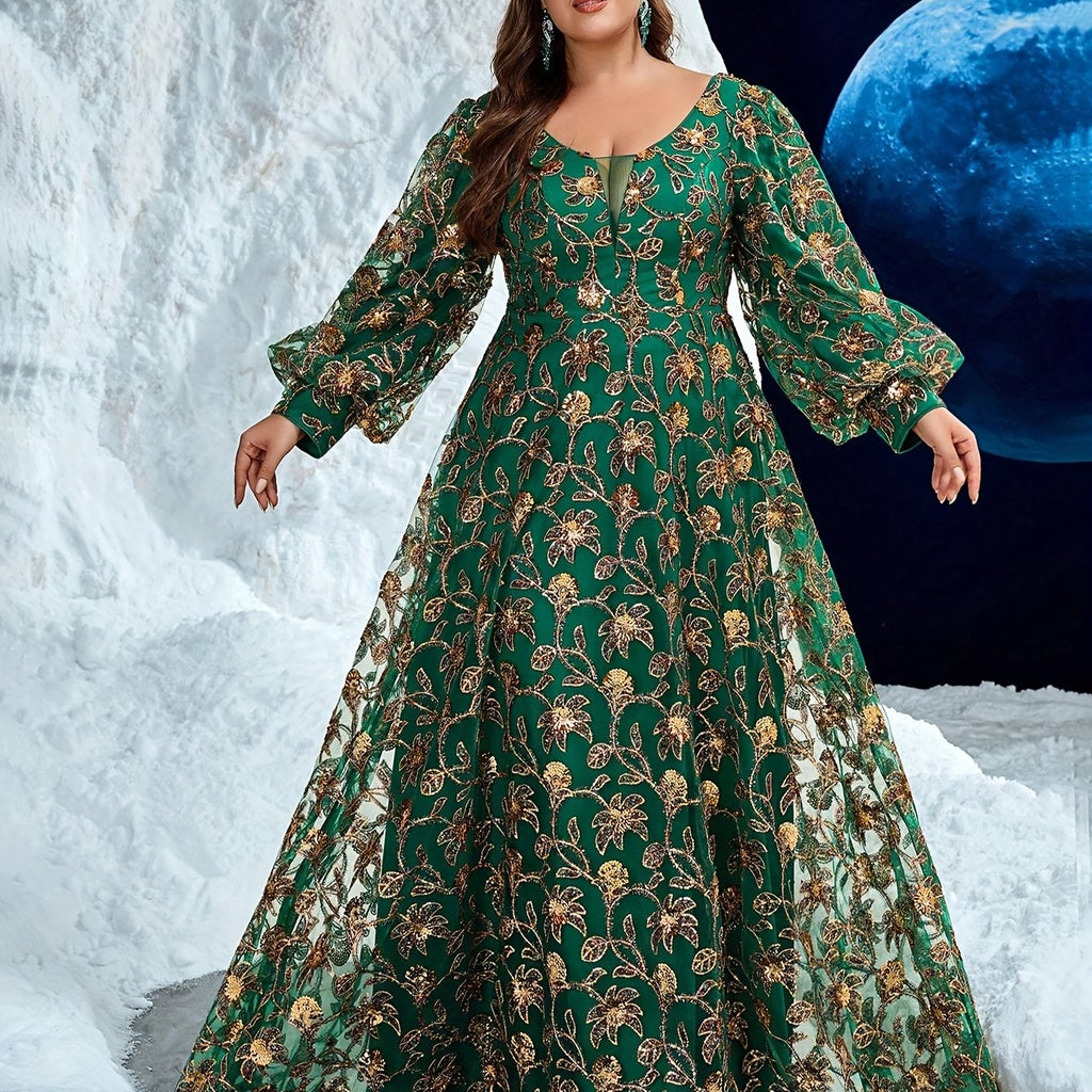 Women's Plus Size Elegant V-Neck Lantern Sleeve Maxi Dress