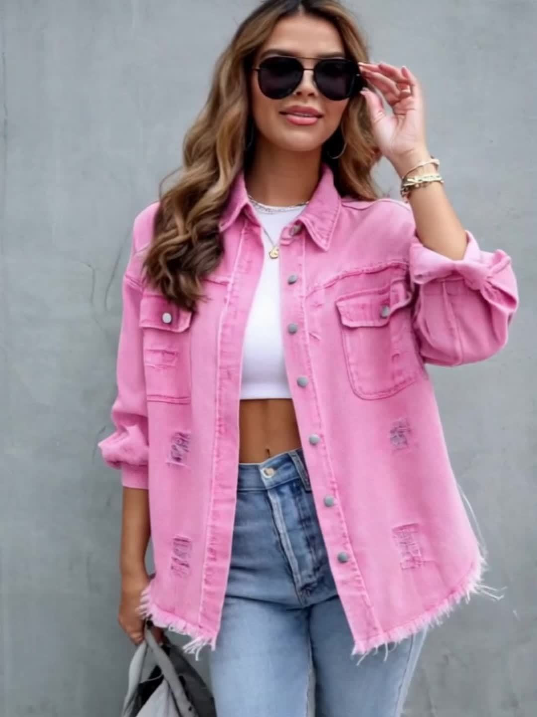 Casual Women's Pink Denim Long Shirt Jacket Perfect for Spring/Summer