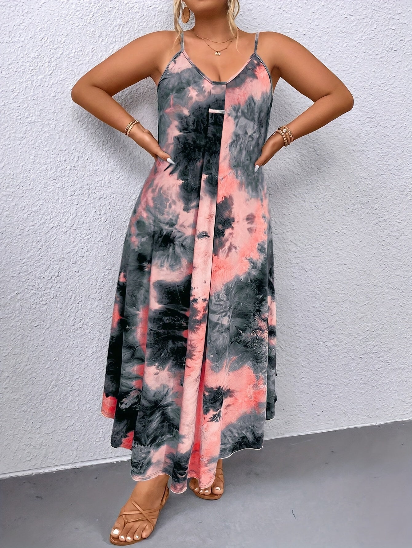 European and American trendy plus-size Women's tie-dye dress with halter neck