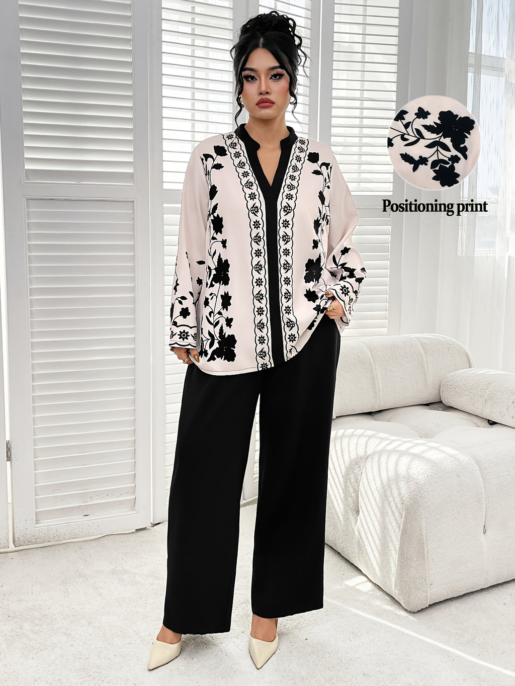 Plus Size - Elegant Floral Print Long Sleeve Blouse with Stand Collar