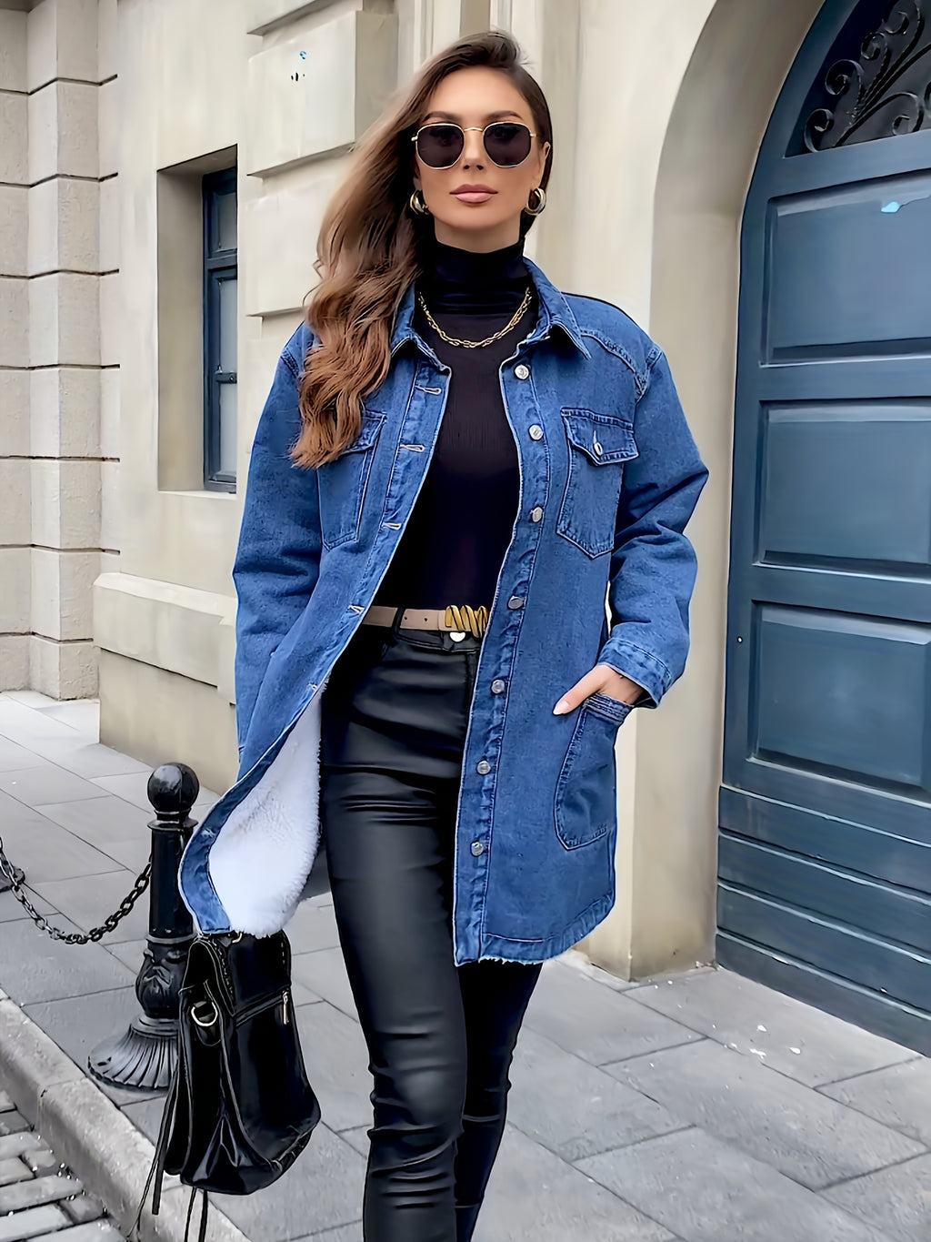 Morin's Elegant Heavy-Duty Mid-Length Denim Jacket with Golden-Tone Hardware & Multiple Chest Pockets