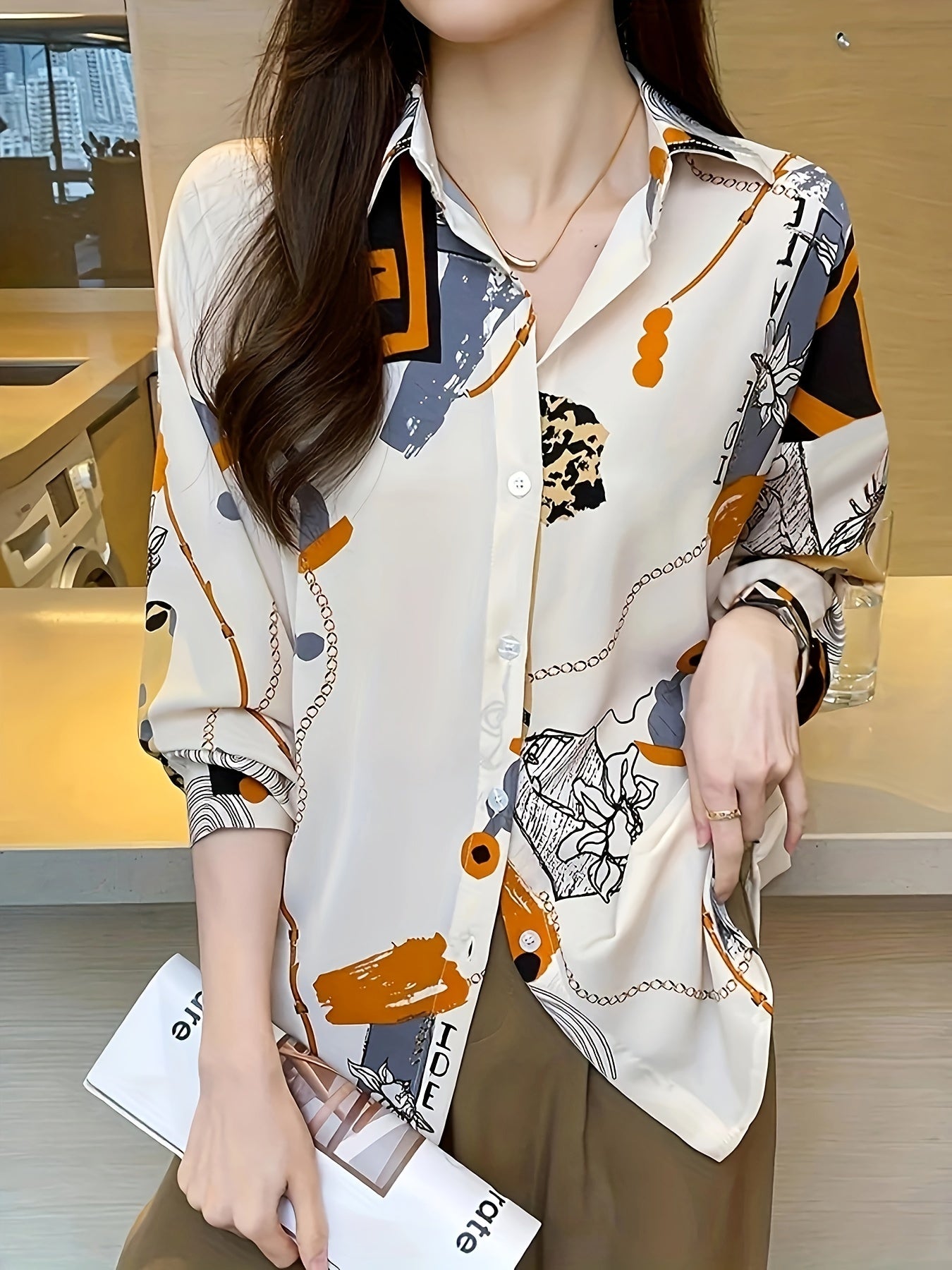 Polyester Women's Vintage-Inspired Long Sleeve Polo Collar Blouse