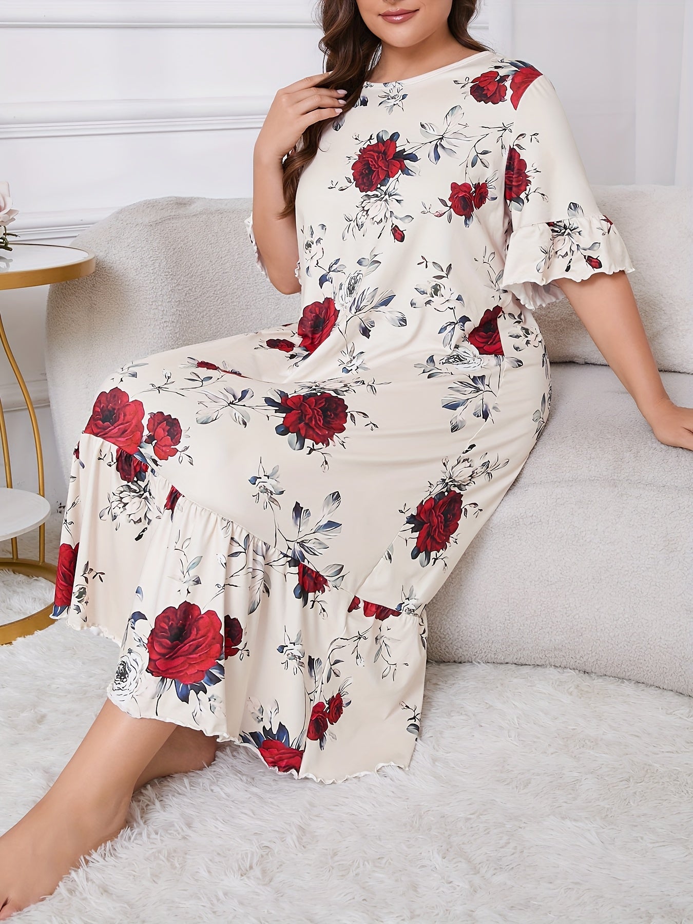 Elegant Floral Print Plus Size Nightgown