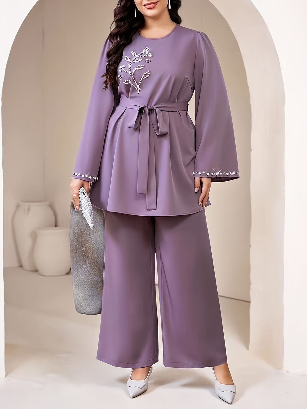 Plus-Size Women's Elegant And Dignified Pearl And Diamond Studs, Two-Piece Set