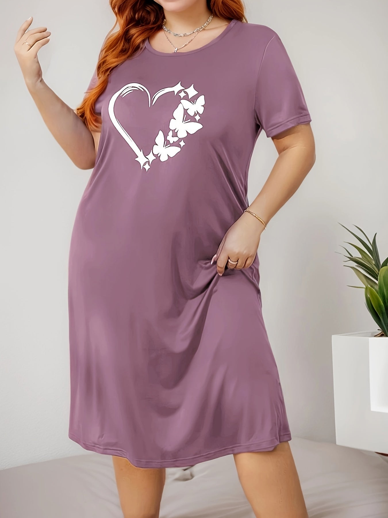 Women's Plus Casual Lounge Dress, Plus Size Butterfly & Heart Print Short Sleeve Crew Neck Sleep Dress