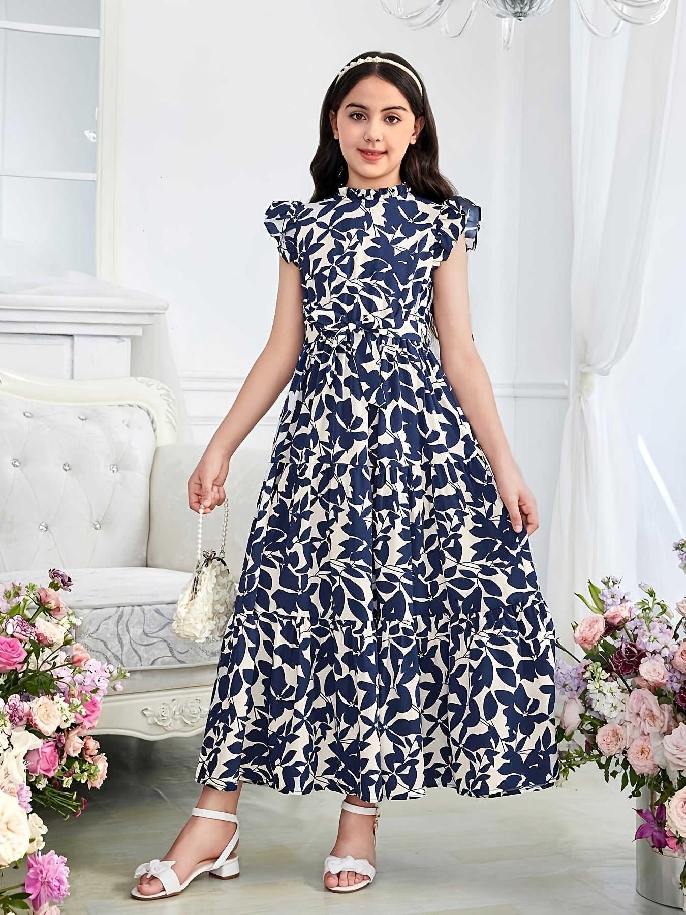 Print Sleeveless Maxi Dress with Belt for Teens