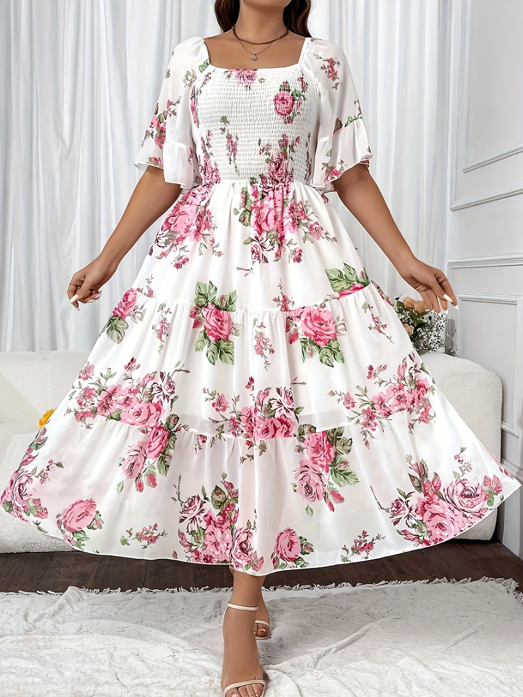 Plus Size Floral Print Chiffon Dress - Loose Fit