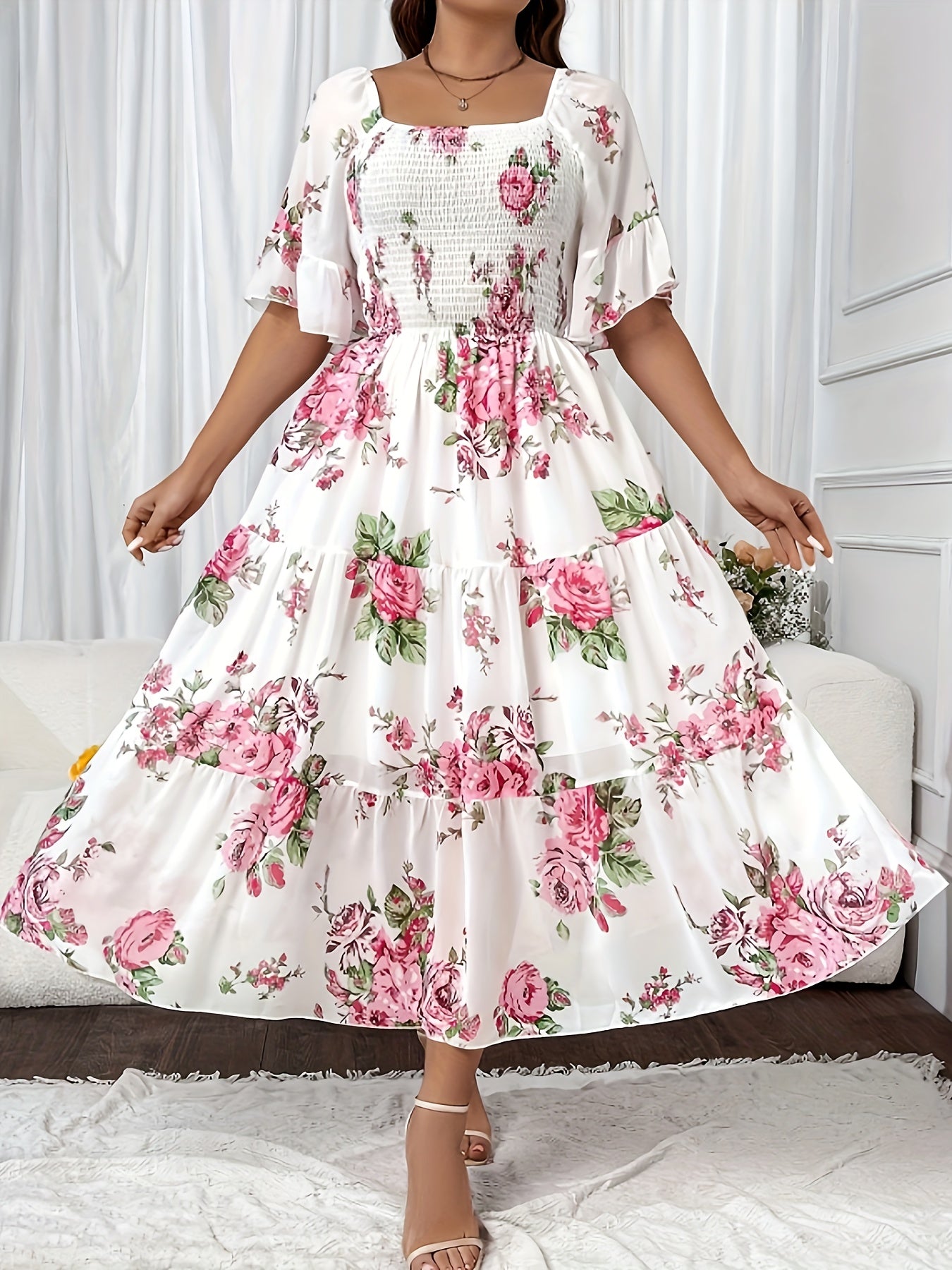 Plus Size Floral Print Chiffon Dress - Loose Fit
