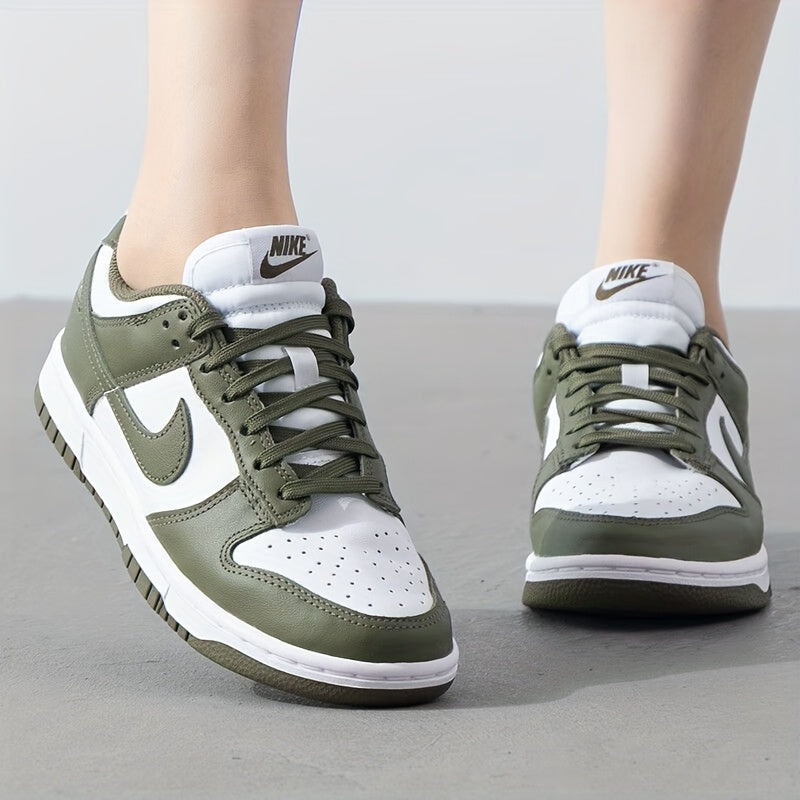 NIKE Women's Low-Top Casual Sneakers - Olive Green & White Colorblock, Breathable Second-Layer Leather Upper